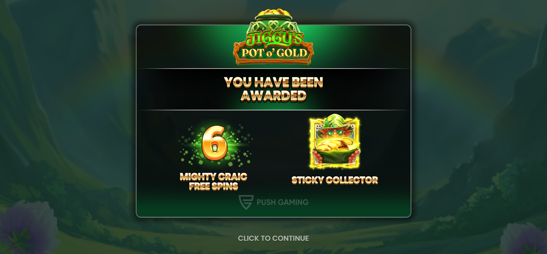 Jiggy's Pot O'Gold Mighty Craic Free Spins feature trigger awarding 6 free spins with Sticky Collector