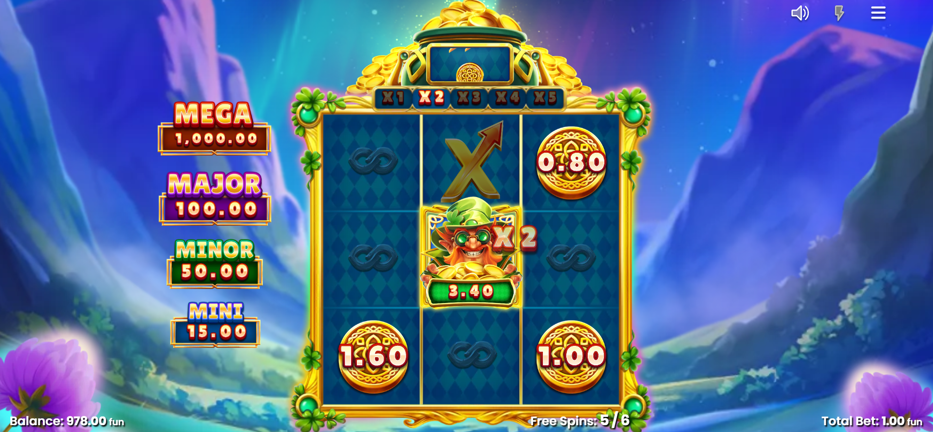 Jiggy's Pot O'Gold Mighty Craic Free Spins in play with multipliers and coin values collecting