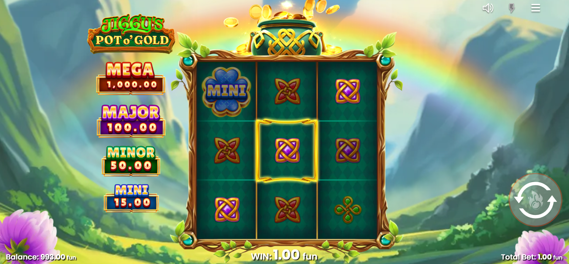 Jiggy's Pot O'Gold showing the 5 fixed paylines on the 3x3 grid