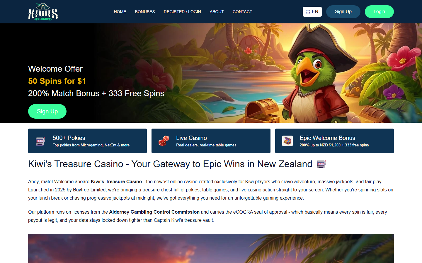 Kiwi's Treasure Casino homepage welcome offer showing 50 Spins for $1 and a 200% Match Bonus plus 333 Free Spins with a pirate-parrot mascot and a Sign Up button