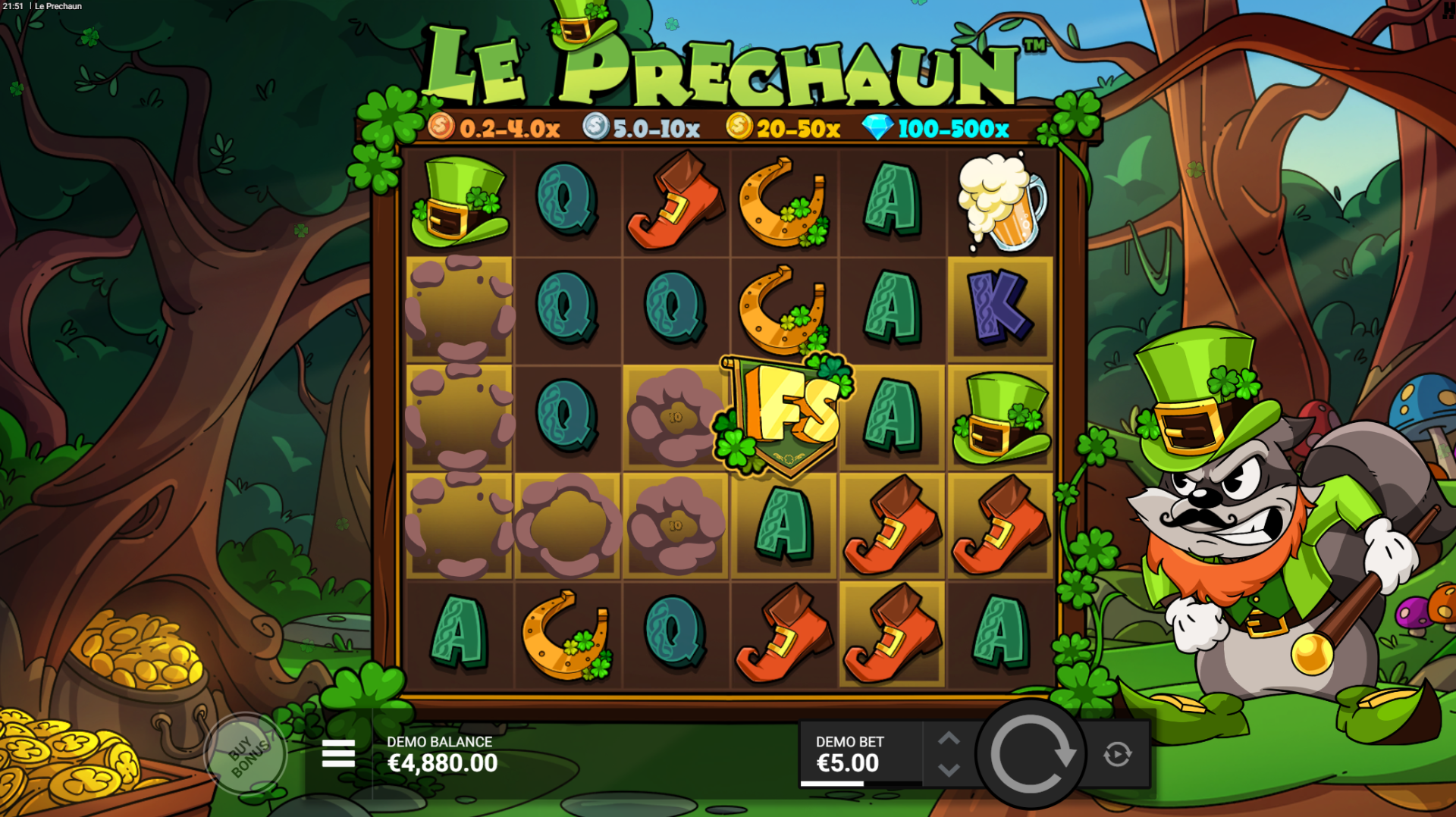 Le Prechaun base game - 6-reel cluster pays grid