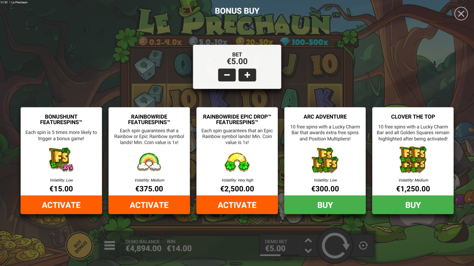 Le Prechaun bonus buy options menu