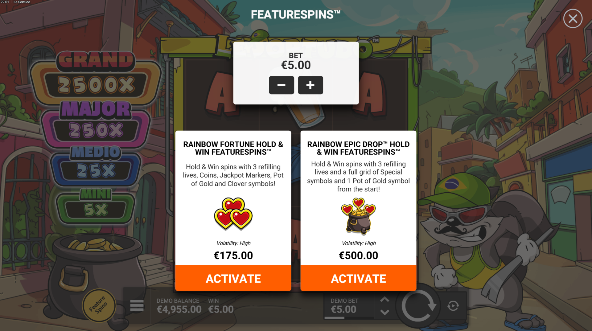 Le Sortudo FeatureSpins bonus buy options screen