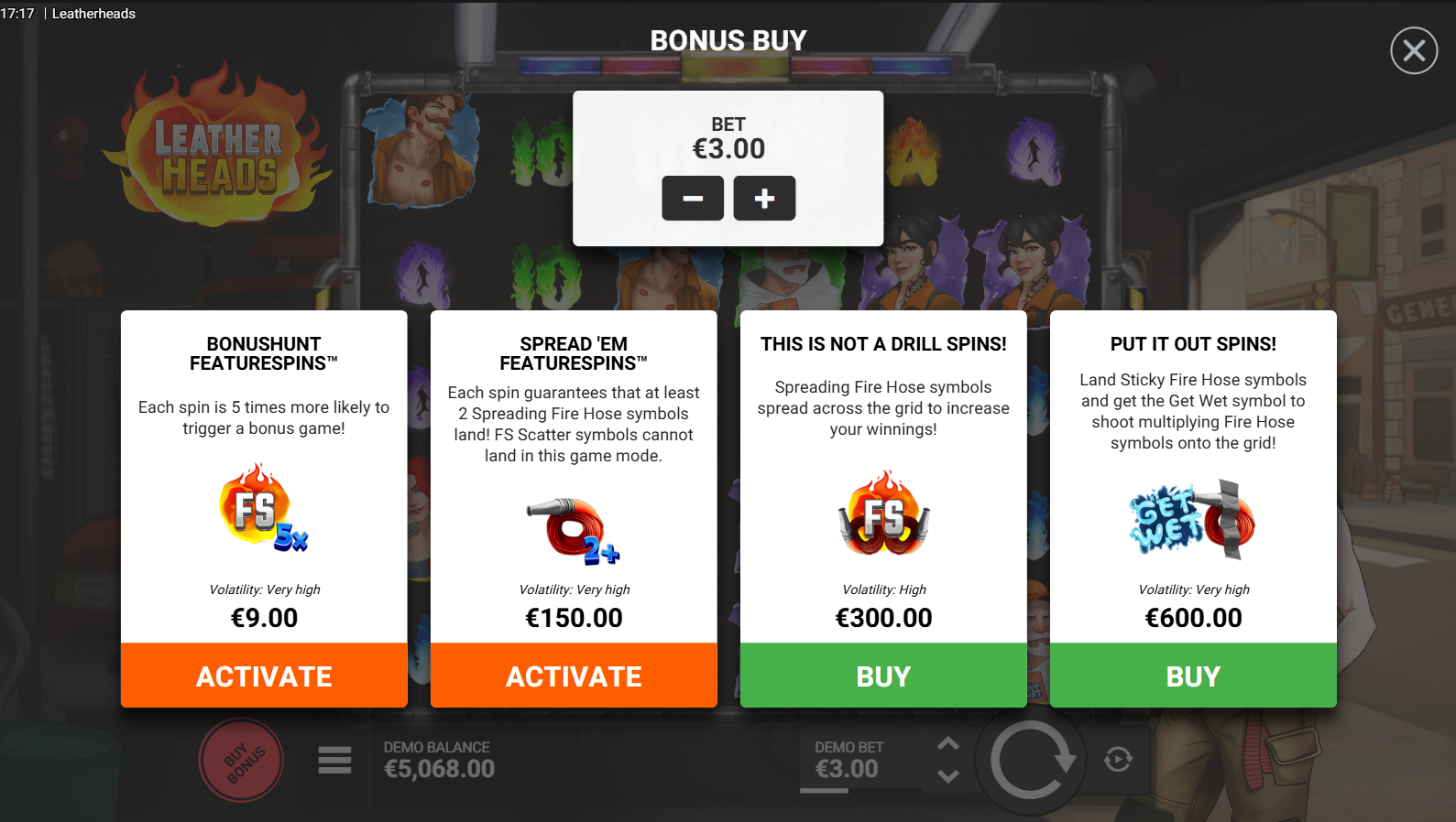 Leatherheads bonus buy menu showing four options: BonusHunt, Spread Em, This Is Not A Drill, and Put It Out Spins