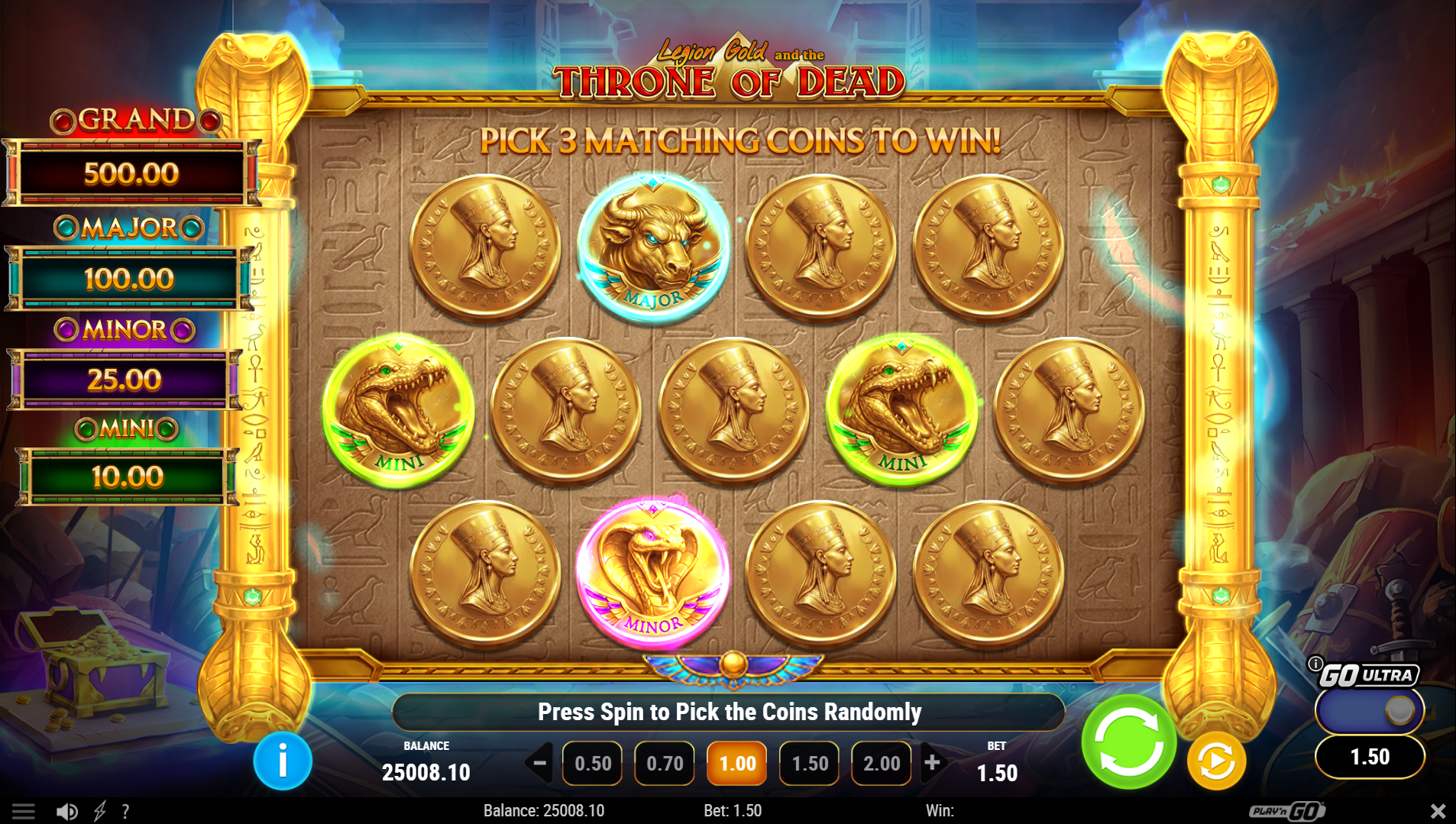 Legion Gold Coin Chest Picker Game feature showing Mini, Minor, Major and Grand prize selection