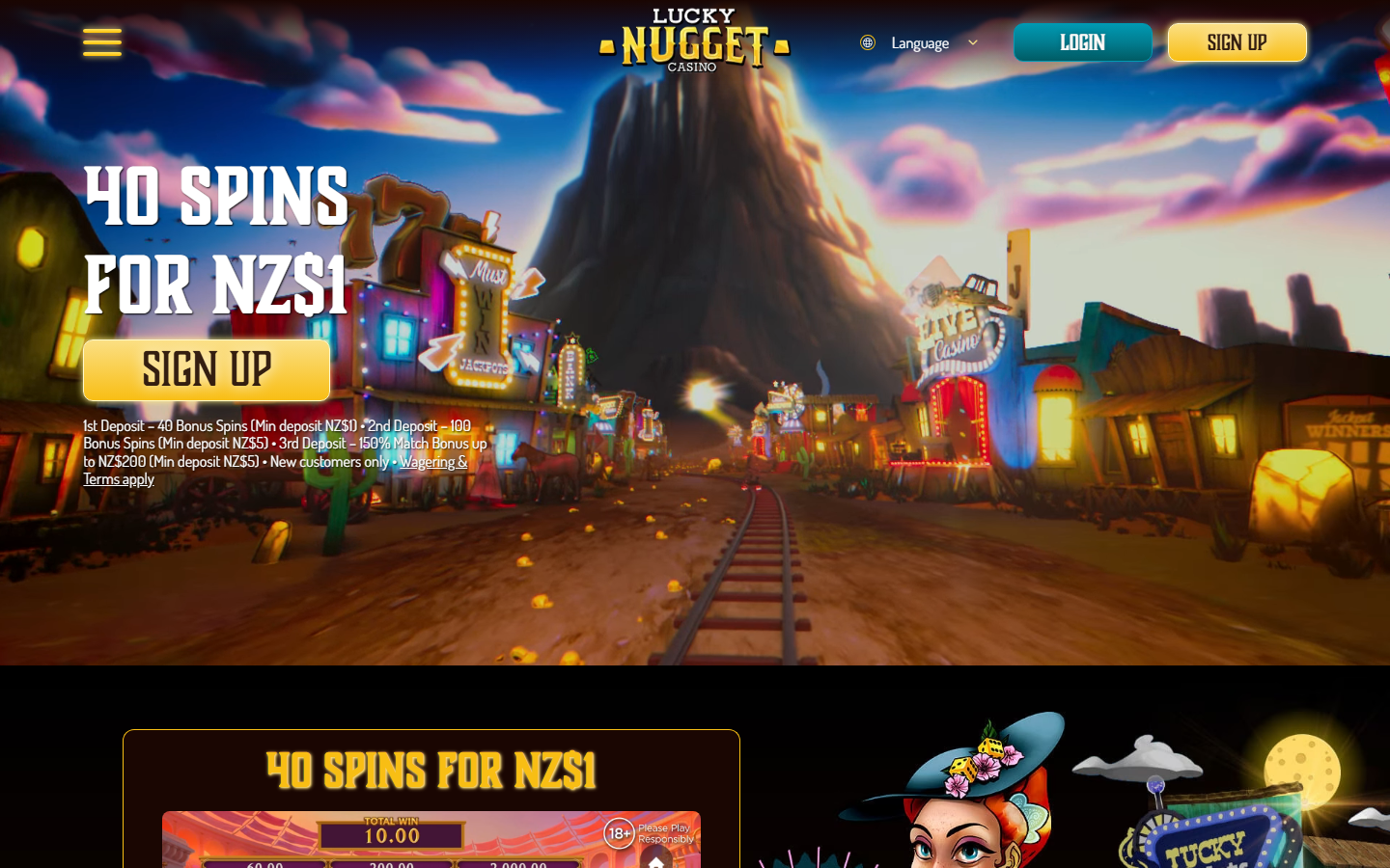 Lucky Nugget Casino homepage with a Wild West gold-mining town hero reading 40 Spins for NZ$1 and a three-deposit welcome bonus with a Sign Up button