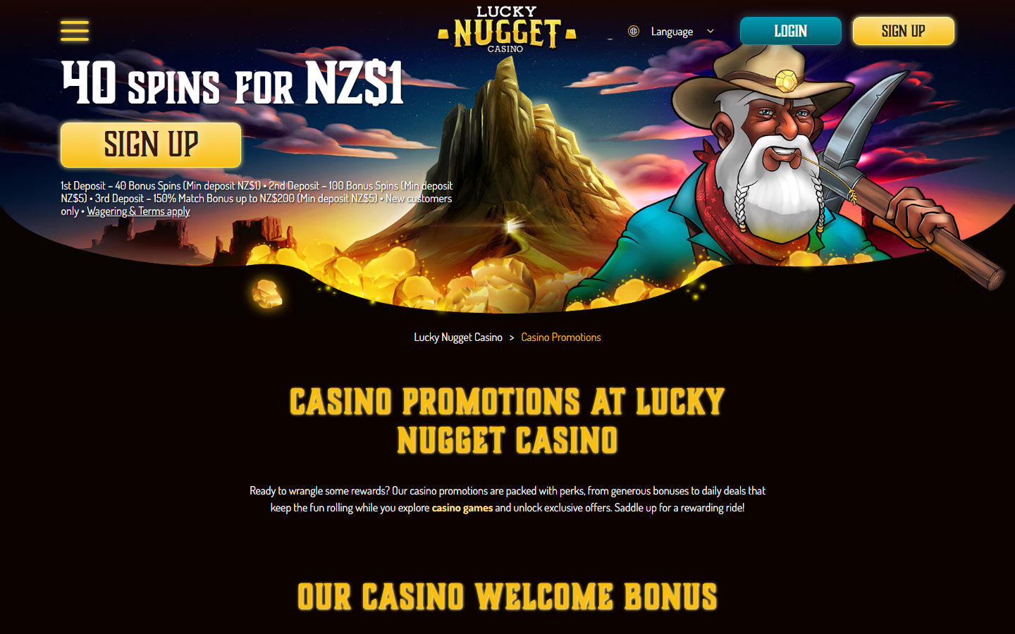 Lucky Nugget Casino Promotions page headed Casino Promotions at Lucky Nugget Casino describing the welcome bonus with the gold-miner mascot hero