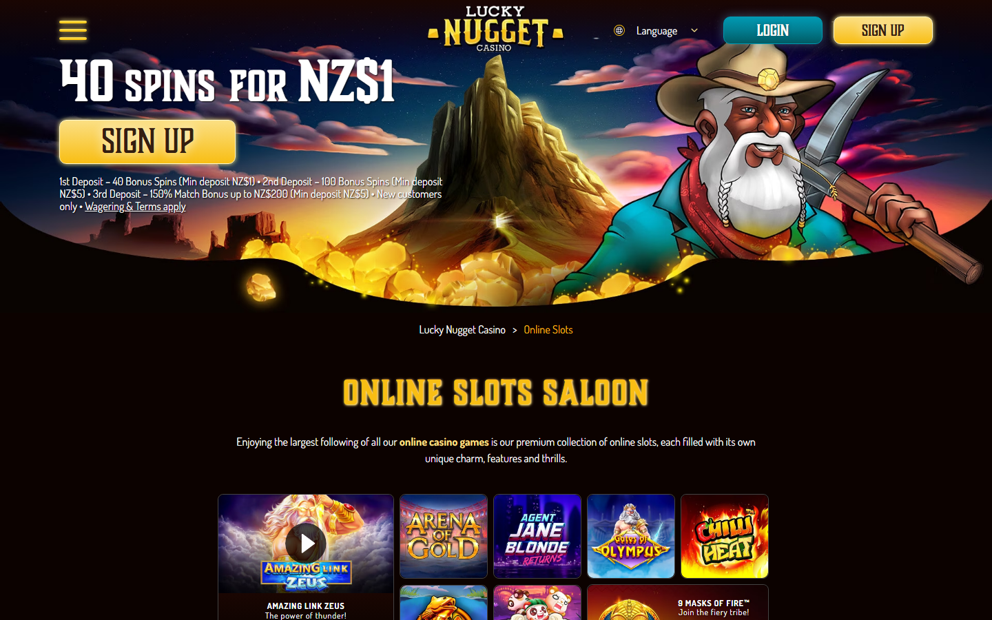 Lucky Nugget Casino Online Slots Saloon page showing a grid of slot game tiles including Amazing Link Zeus, Arena of Gold, Agent Jane Blonde, Gates of Olympus and Chilli Heat