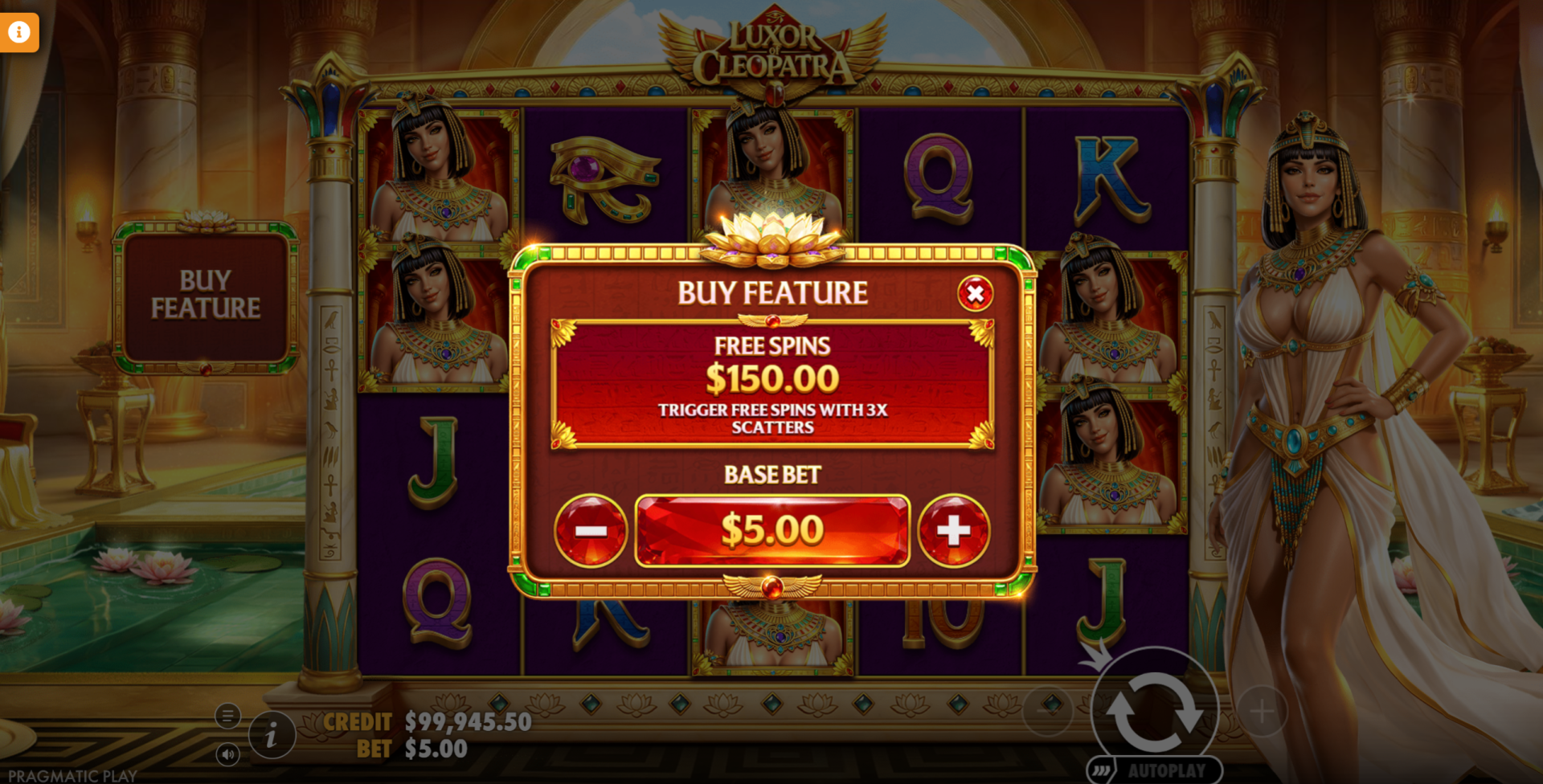 Luxor of Cleopatra bonus buy option at 30x stake