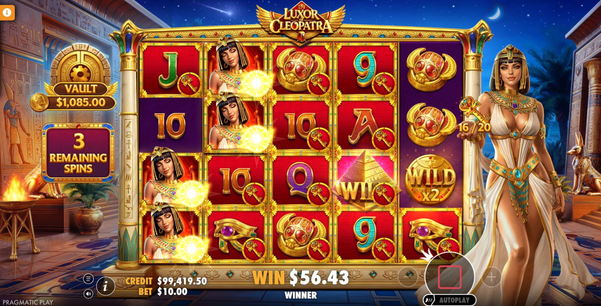 Luxor of Cleopatra bonus free spins feature with vault mechanic