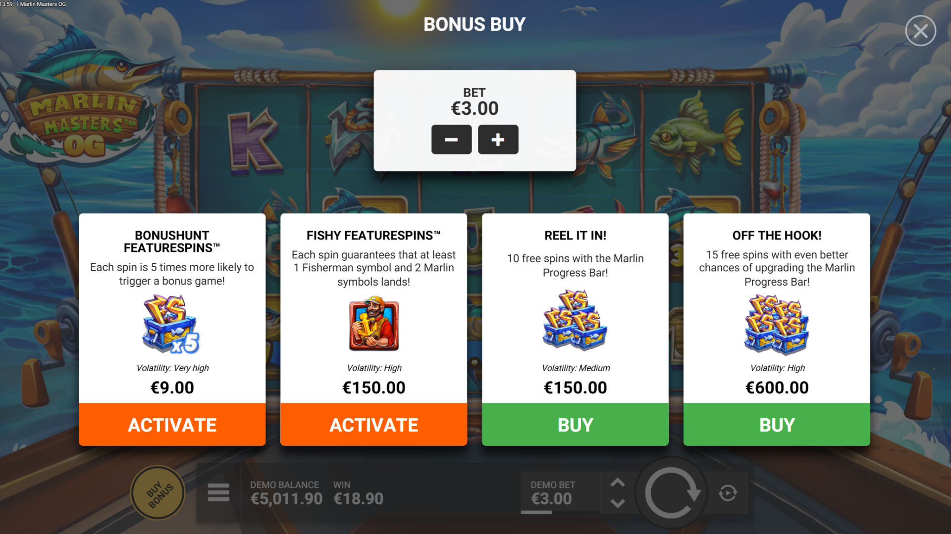 Marlin Masters OG bonus buy options screen