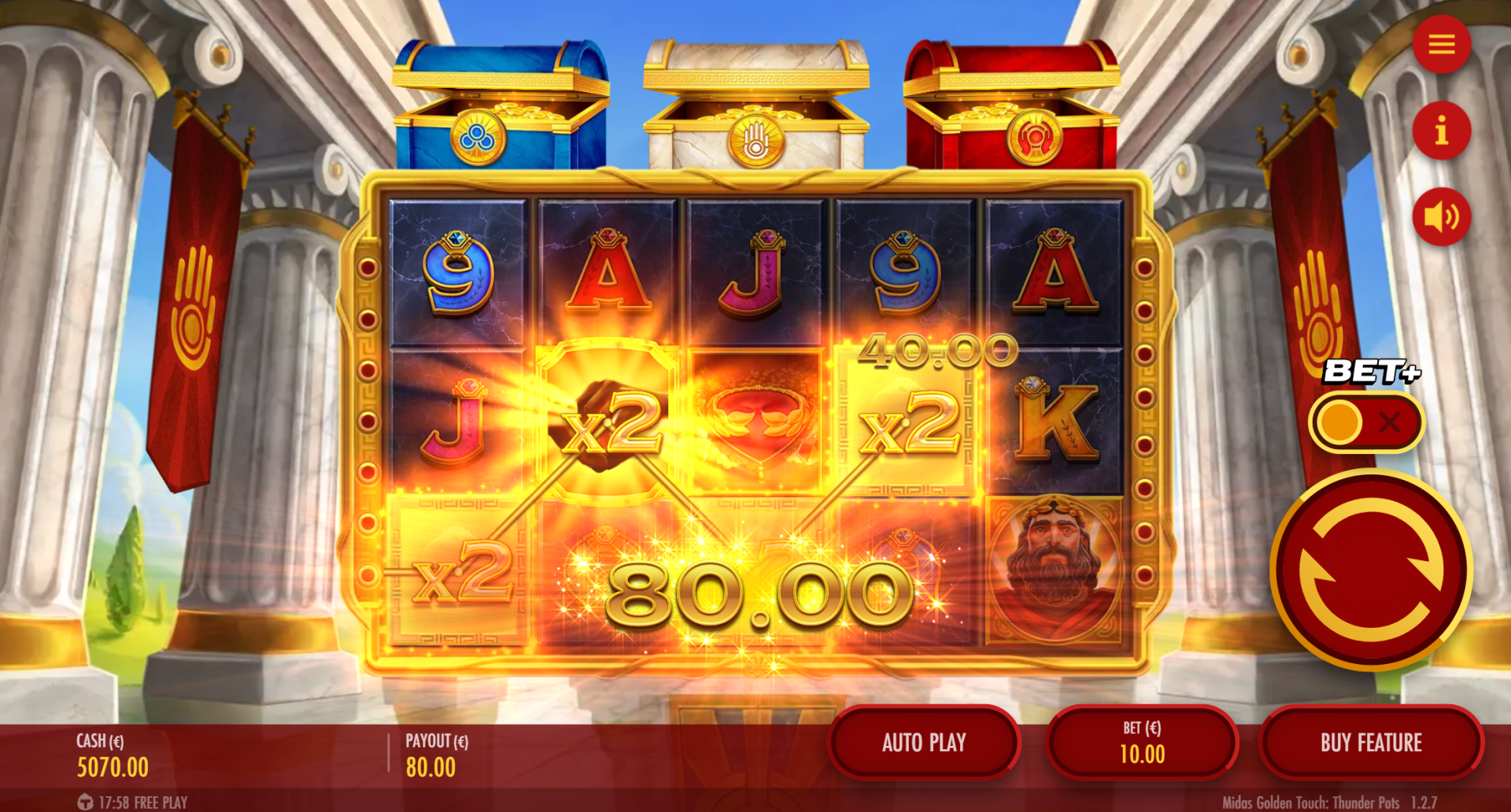 Midas Golden Touch Thunder Pots base game showing 5x3 reel layout with Wild multiplier symbols
