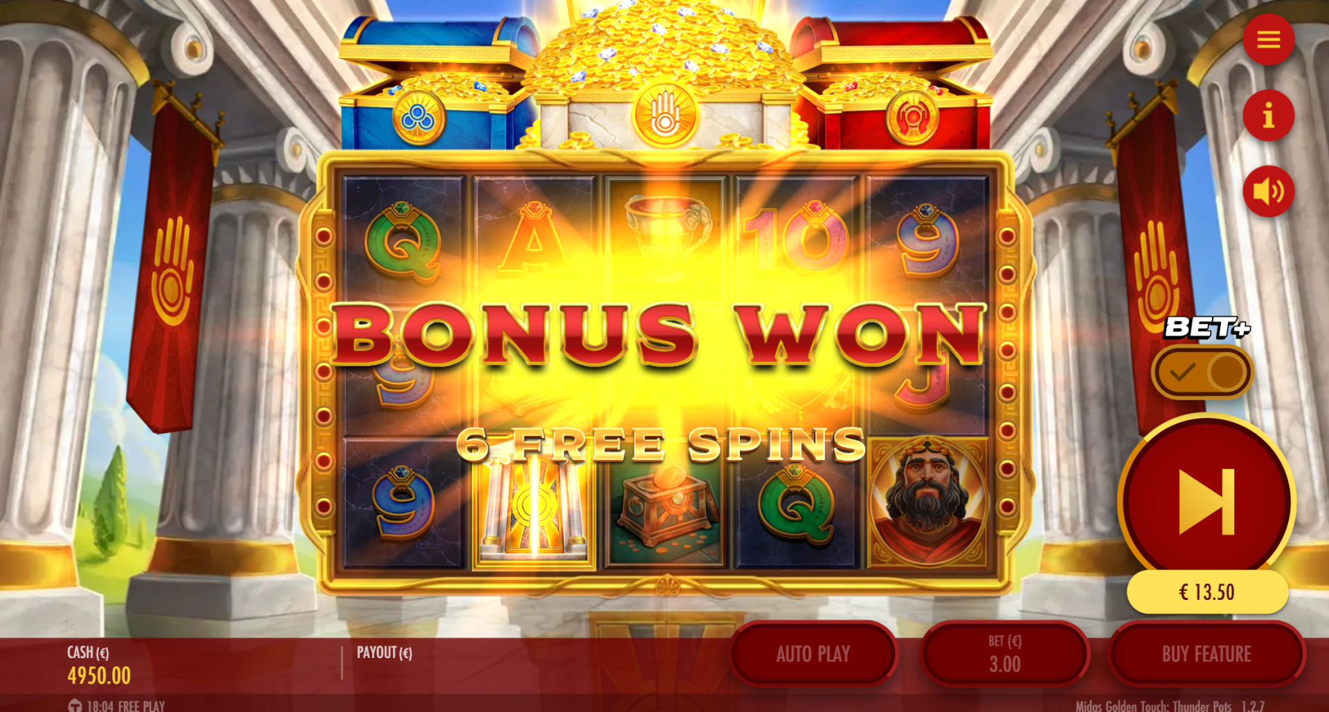 Midas Golden Touch Thunder Pots bonus game with BET+ extra bet feature activated