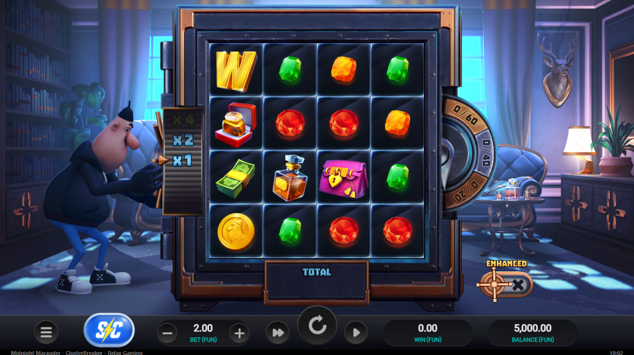 Midnight Marauder ClusterBreaker base game - 4x4 cluster pays grid with ClusterBreaker mechanic active