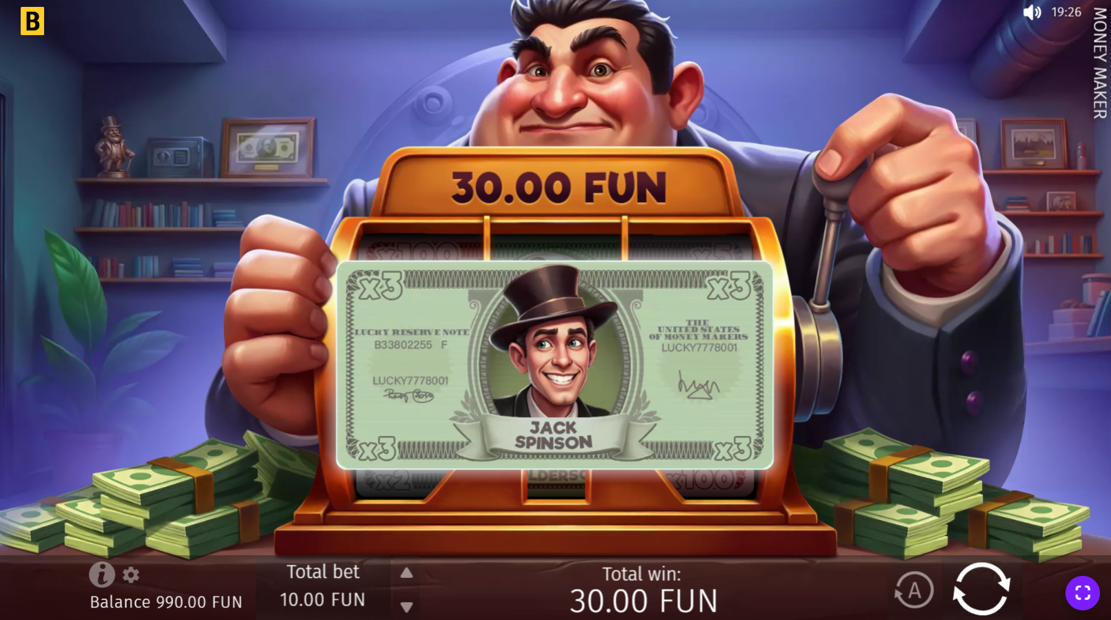 Money Maker base game - 3-reel classic slot layout with banknote symbols