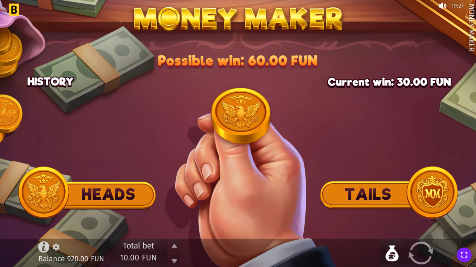 Money Maker gamble feature - heads or tails coin flip