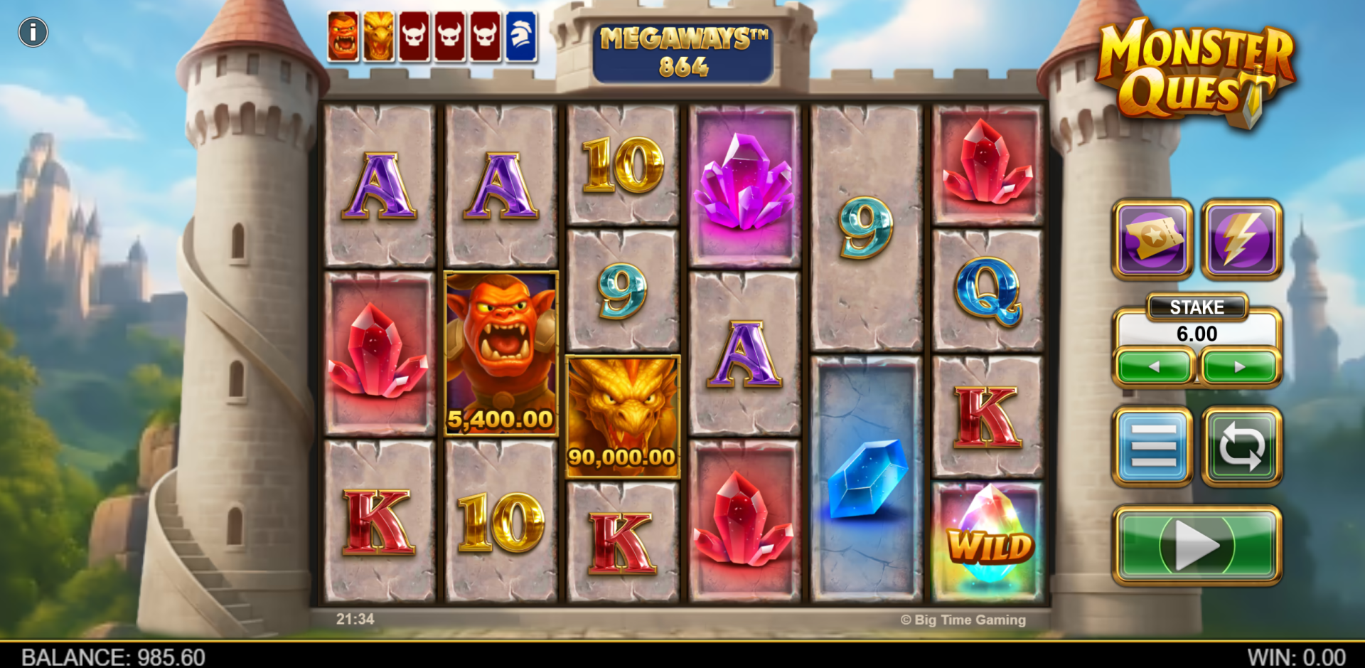 Monster Quest base game showing 6x7 Megaways grid with castle backdrop, Wild symbols and monster symbols