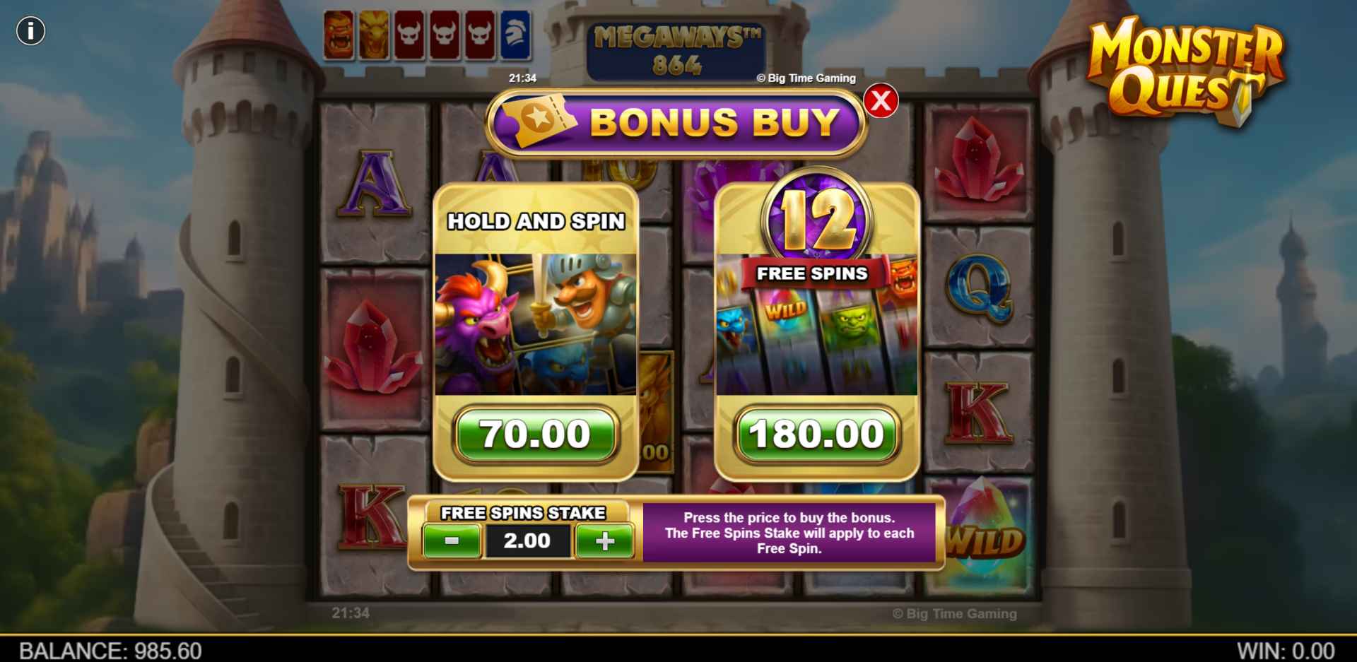 Monster Quest Bonus Buy screen showing Hold and Spin for 35x stake and 12 Free Spins for 90x stake options