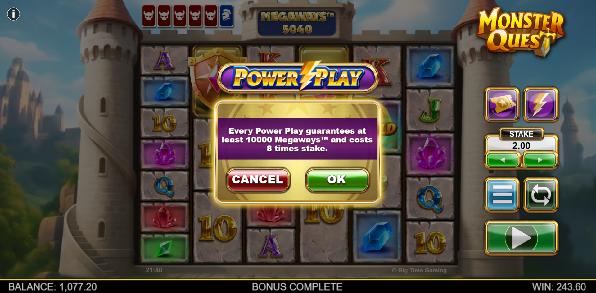 Monster Quest Power Play feature prompt showing it guarantees at least 10,000 Megaways and costs 8 times stake