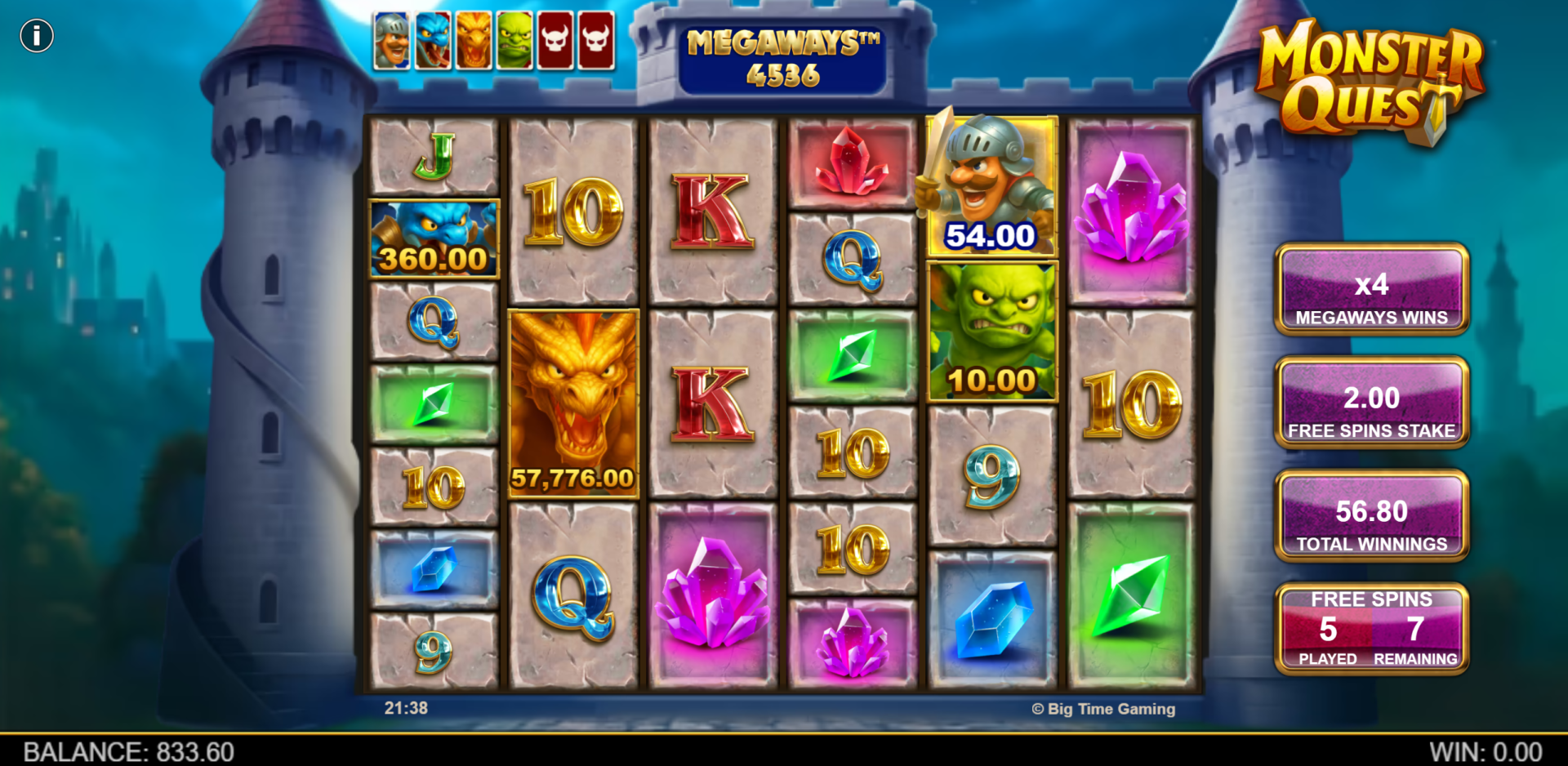 Monster Quest Free Spins feature showing Knight on reels with Megaways Win Multiplier at x4 and 7 spins remaining