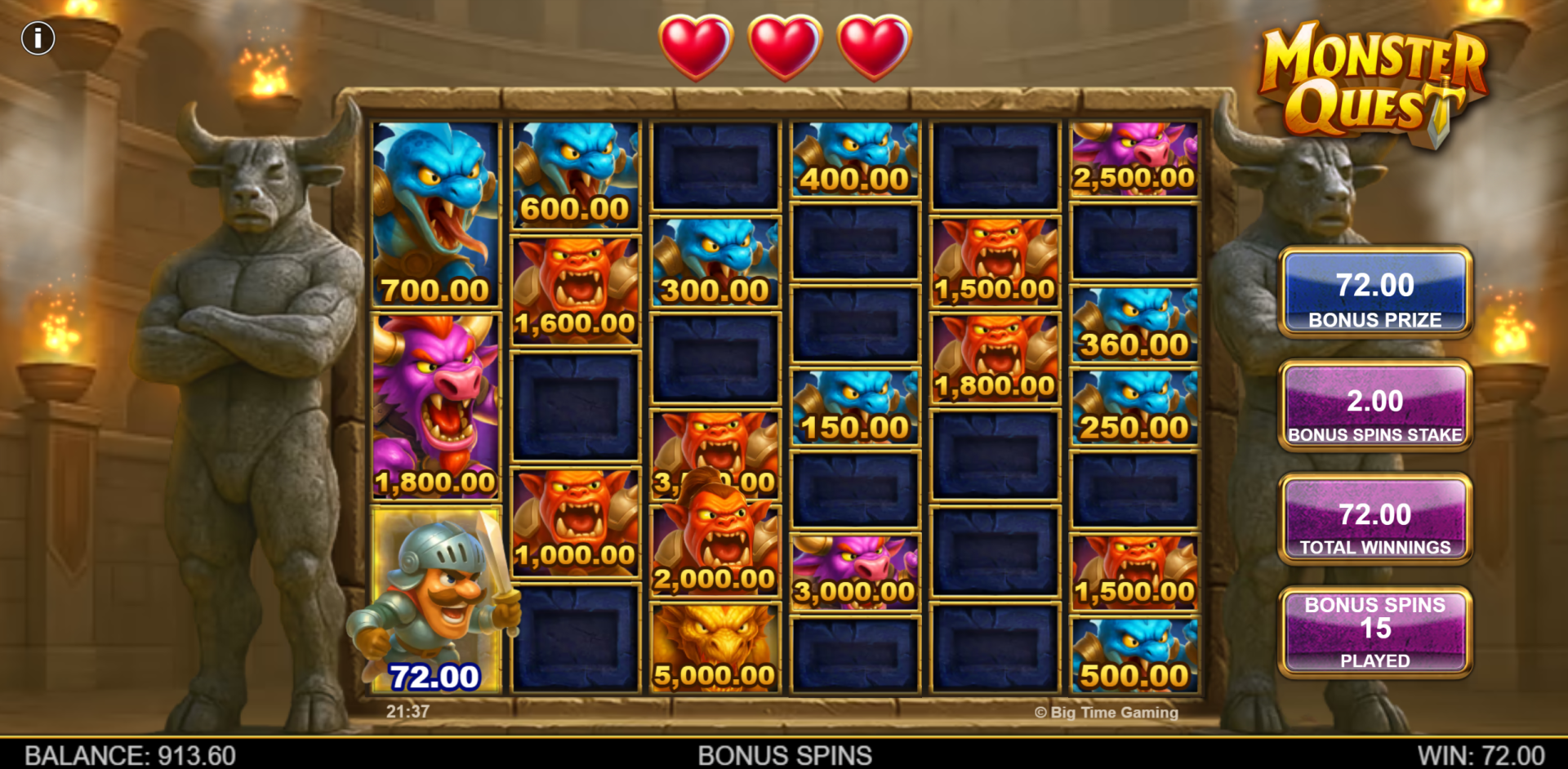 Monster Quest Hold and Spin feature with Knight battling Monsters, showing 3 lives (hearts) and accumulated monster values