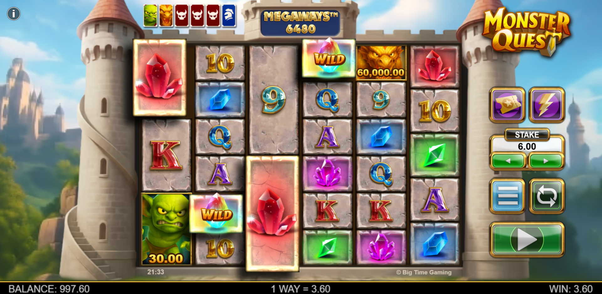 Monster Quest base game showing Wild symbols appearing on the 6x7 Megaways reels alongside monster and gem symbols