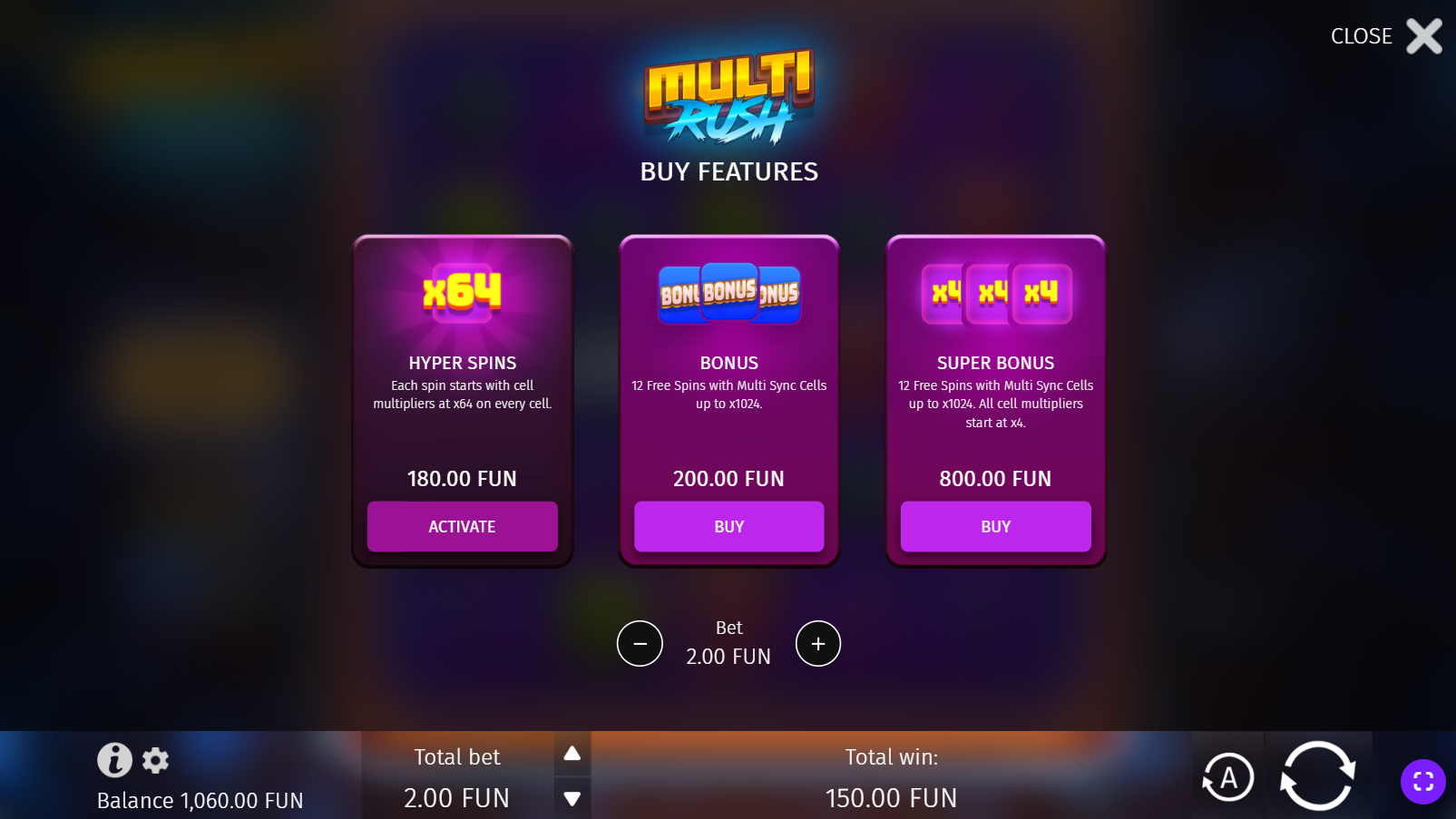 Multi Rush Bonus Buy options screen
