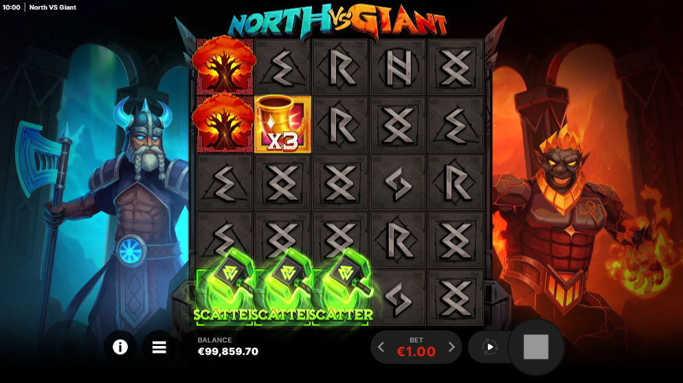 North Vs Giant Free Spins Trigger showing 3 scatter symbols landing