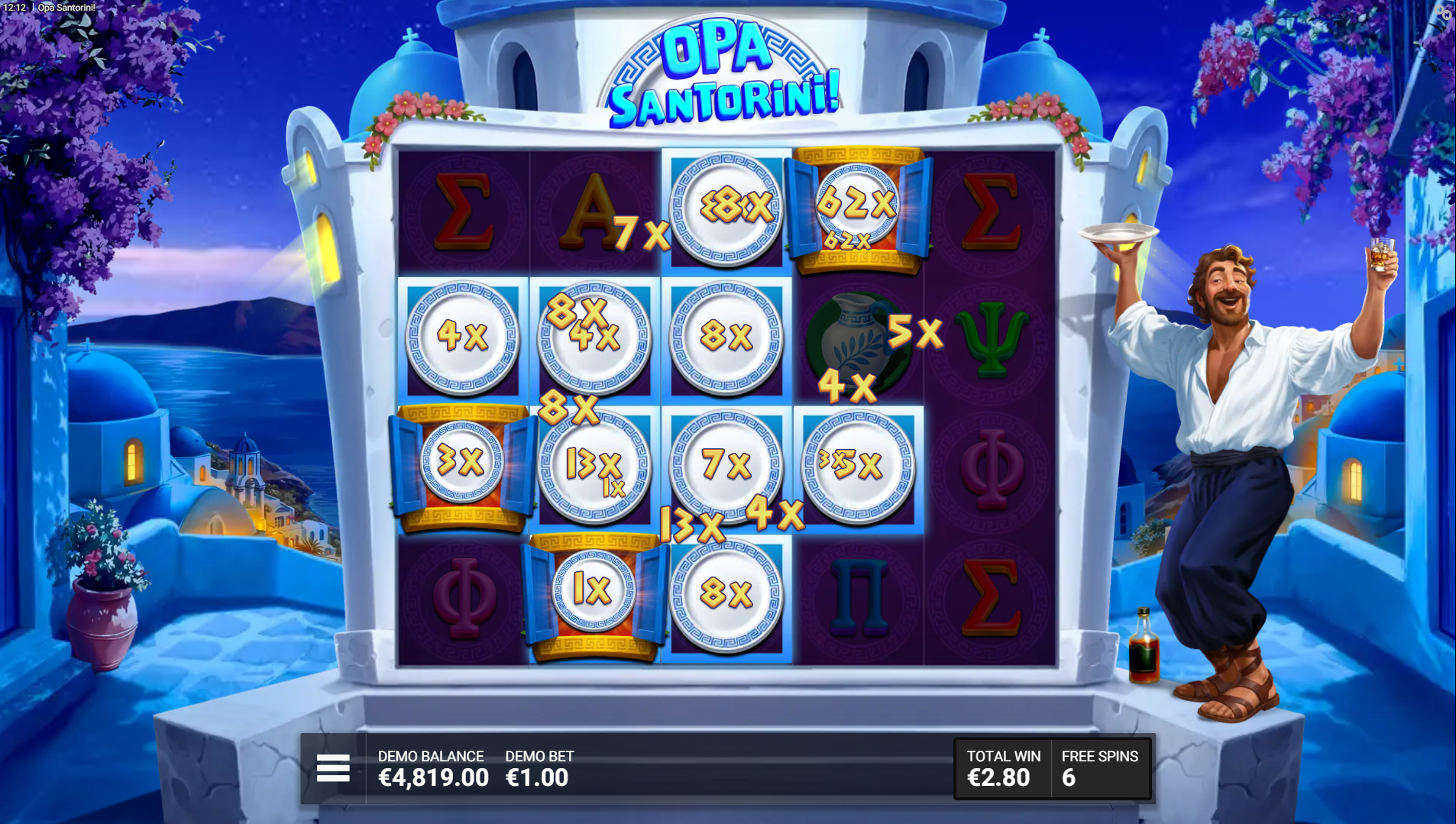 Opa Santorini Zeibekiko Bonus free spins showing Windmill Feature with Bet Multiplier coins on the reels