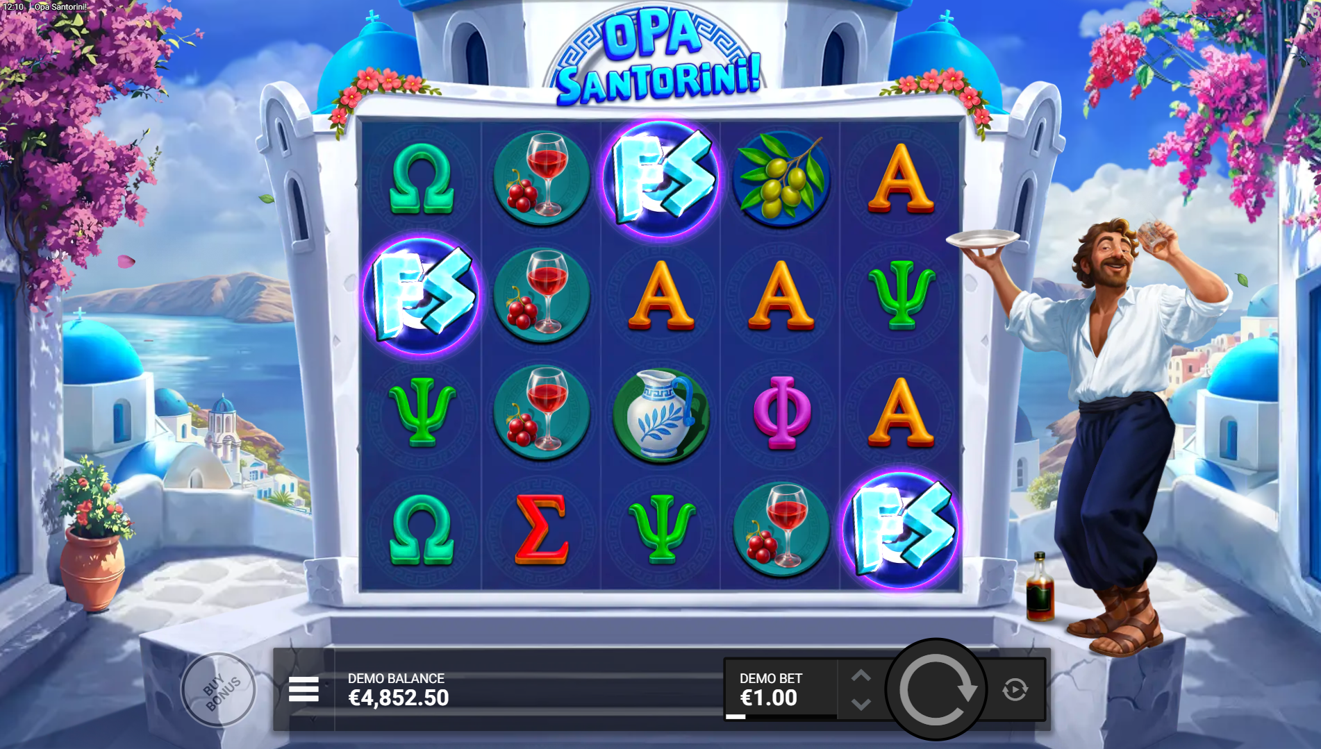 Opa Santorini free spins trigger showing 3 FS Scatter symbols landing on reels 1, 3, and 5