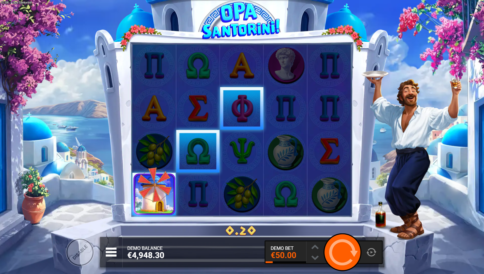 Opa Santorini Windmill Feature trigger showing the Windmill symbol landing with highlighted winning positions