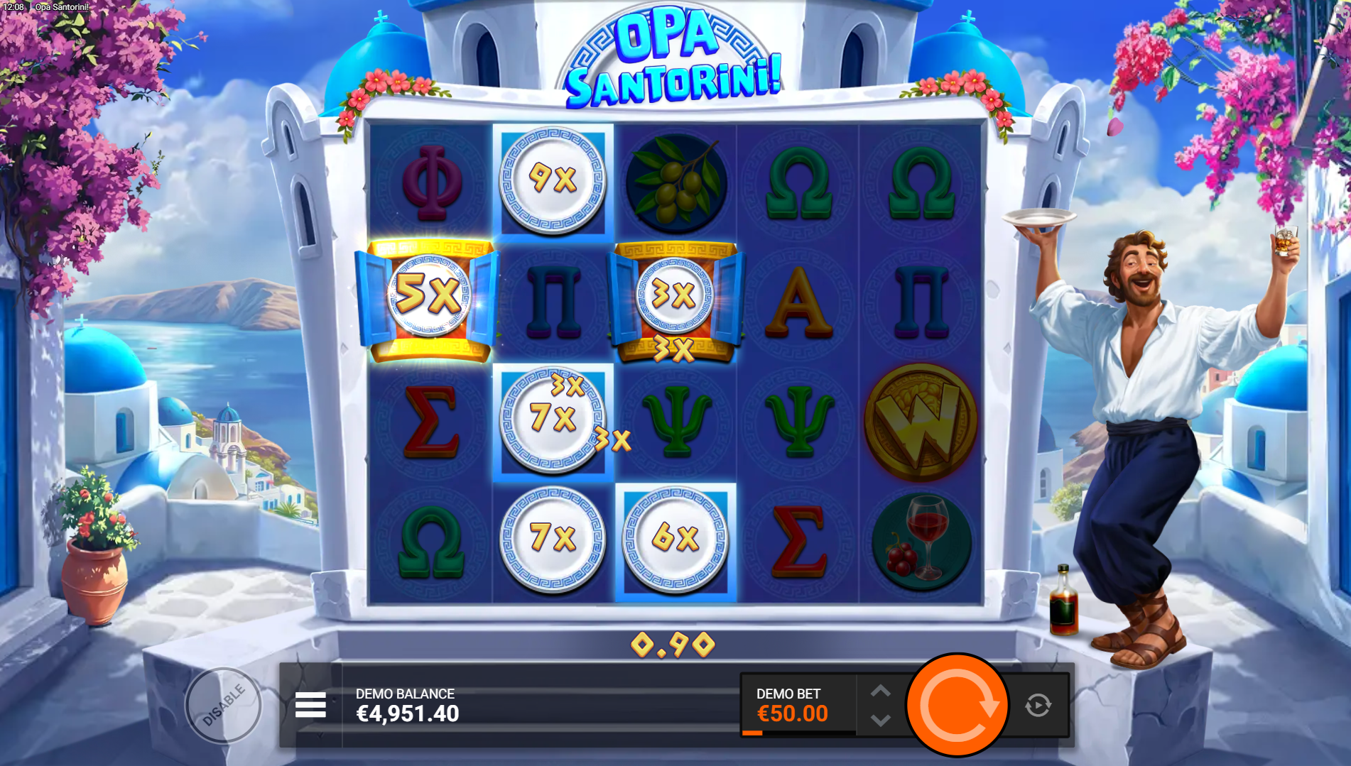 Opa Santorini Windmill Feature in action showing Bet Multiplier coins and a W Wild symbol on the reels