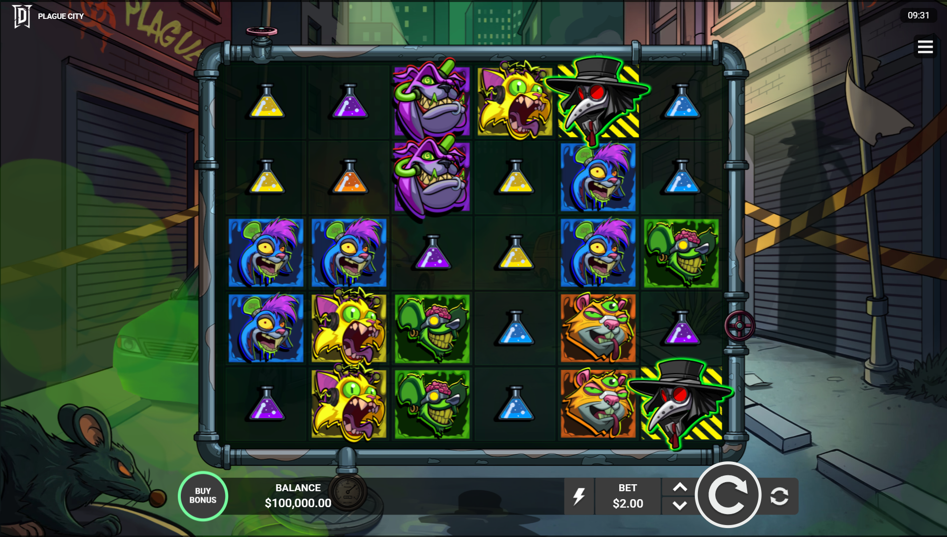 Plague City slot base game showing cluster pays mechanic with infected positions