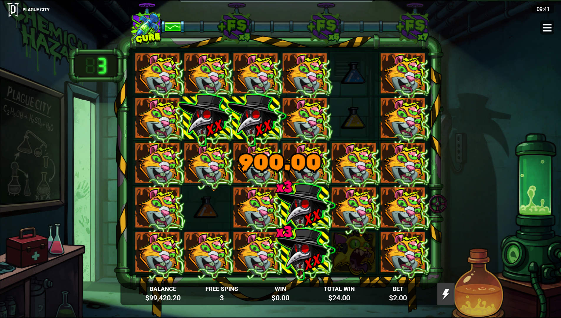 Plague City Free Spins feature with sticky Wilds and growing multipliers