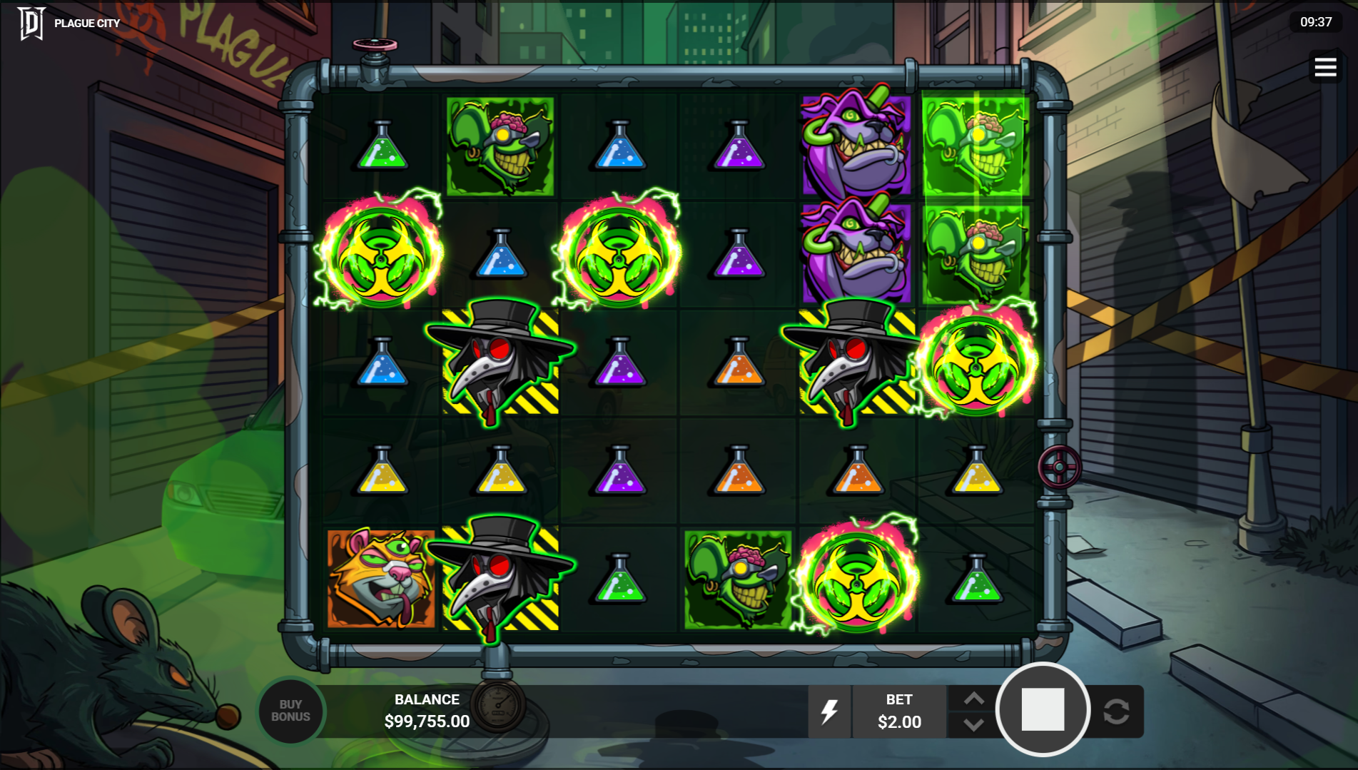 Plague City Free Spins trigger showing scatter symbols landing