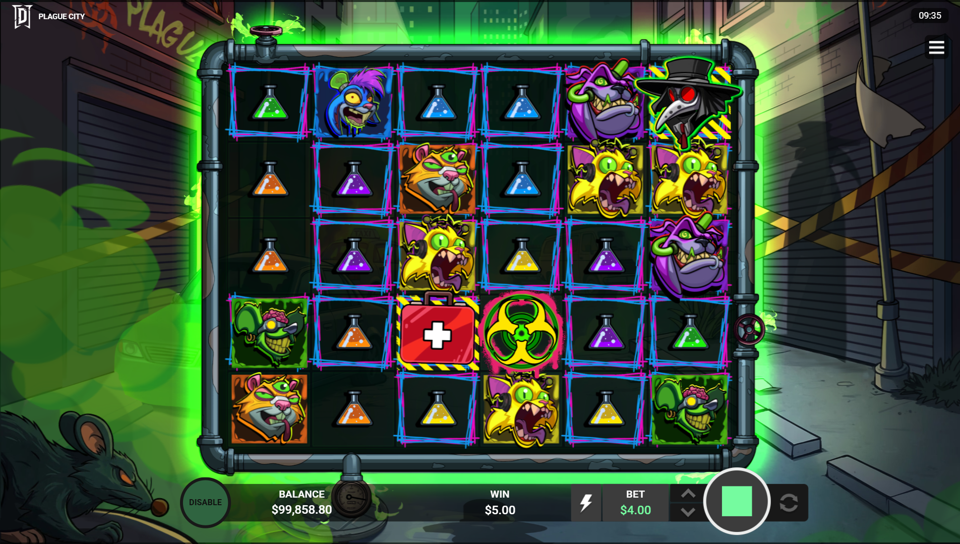Plague City Plague Wave Respins trigger showing Med Kit landing on infected reels