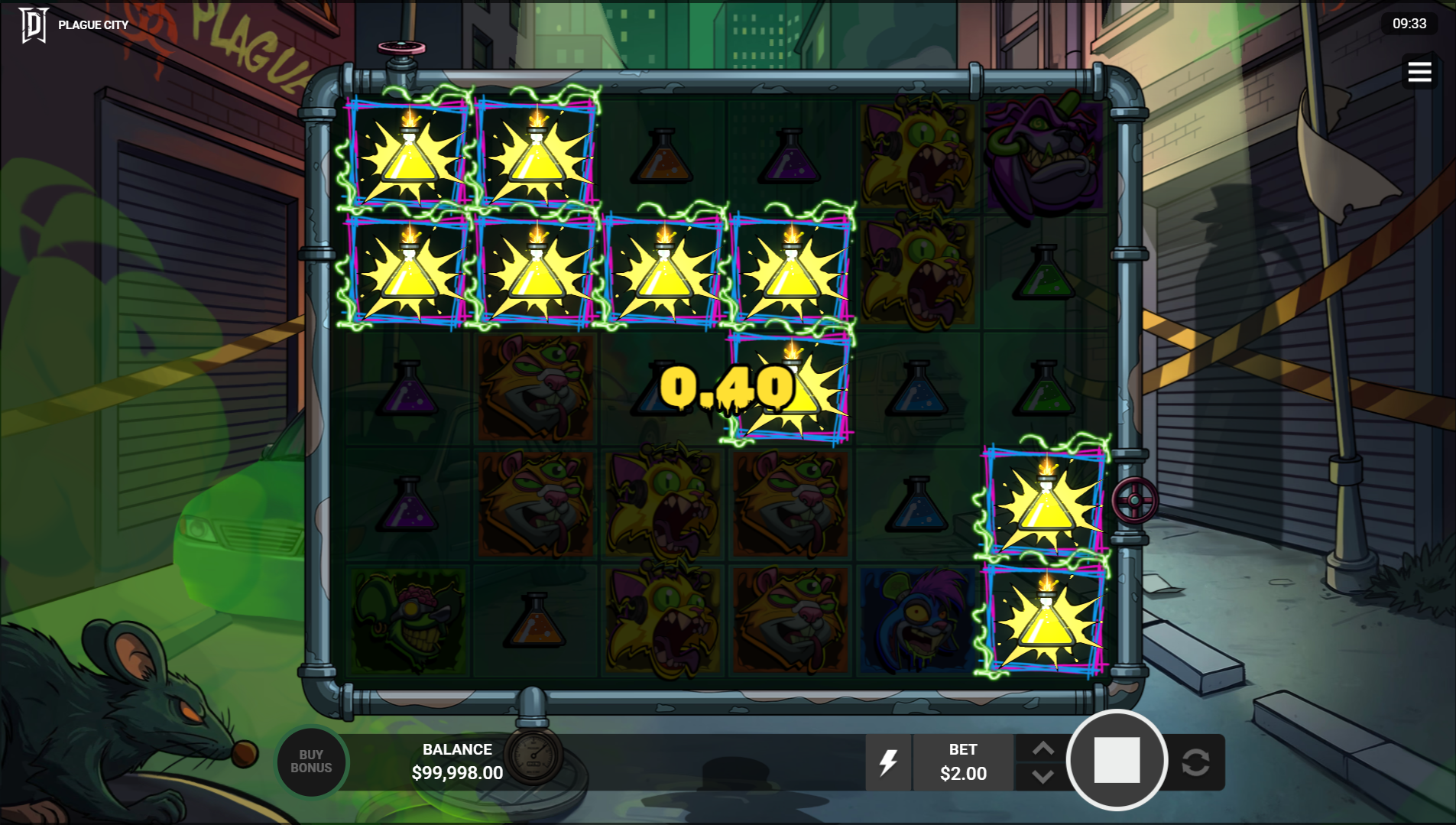 Plague City cluster pays win mechanic showing winning symbol clusters