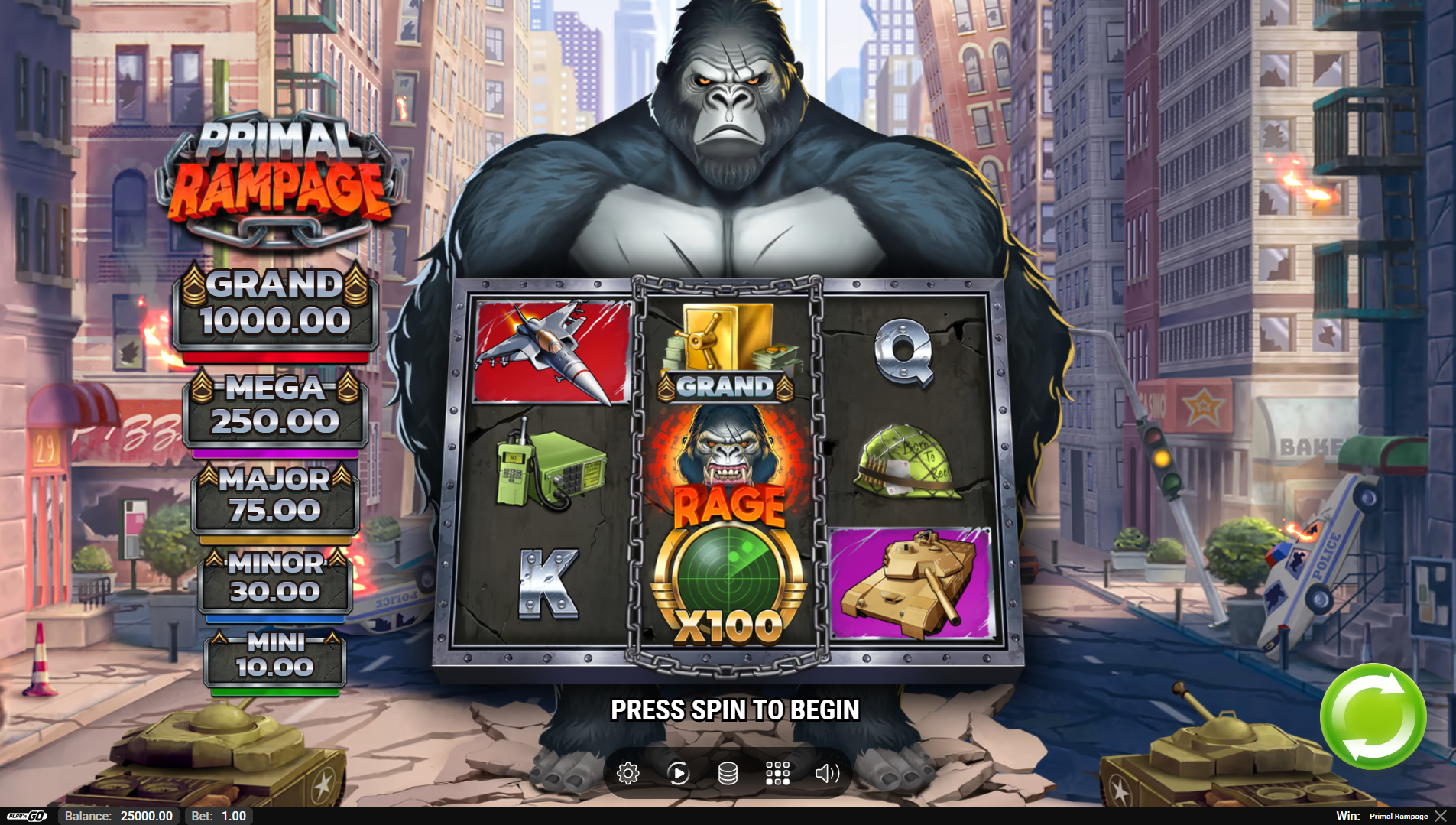 Primal Rampage base game showing the 3-reel grid with gorilla theme symbols