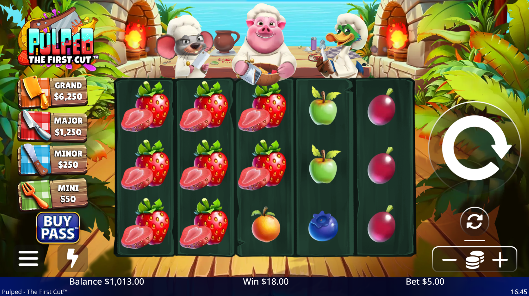 Pulped The First Cut slot base game showing 5x3 grid with fruit symbols and jackpot meters