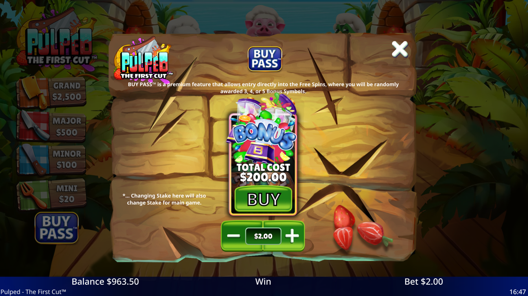 Pulped The First Cut bonus buy option screen showing Buy Pass at 100x stake