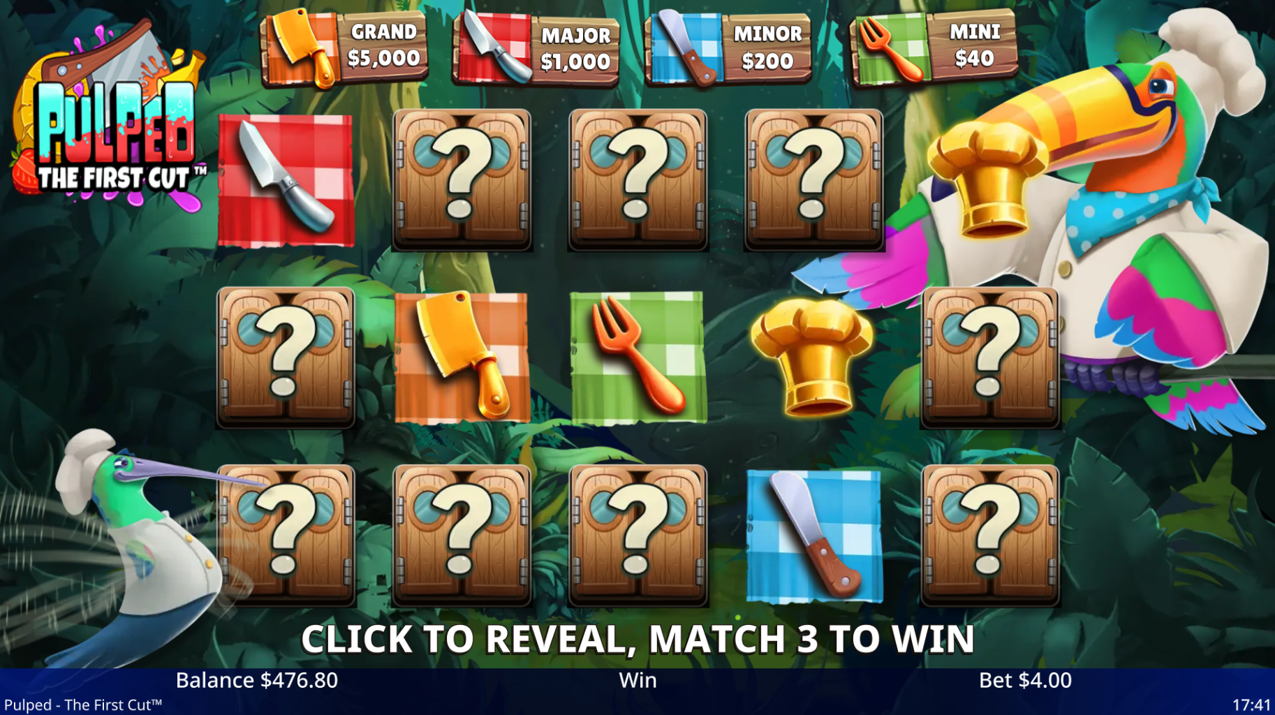 Pulped The First Cut Chef's Choice Jackpot picker showing Mini, Minor, Major and Grand jackpot levels