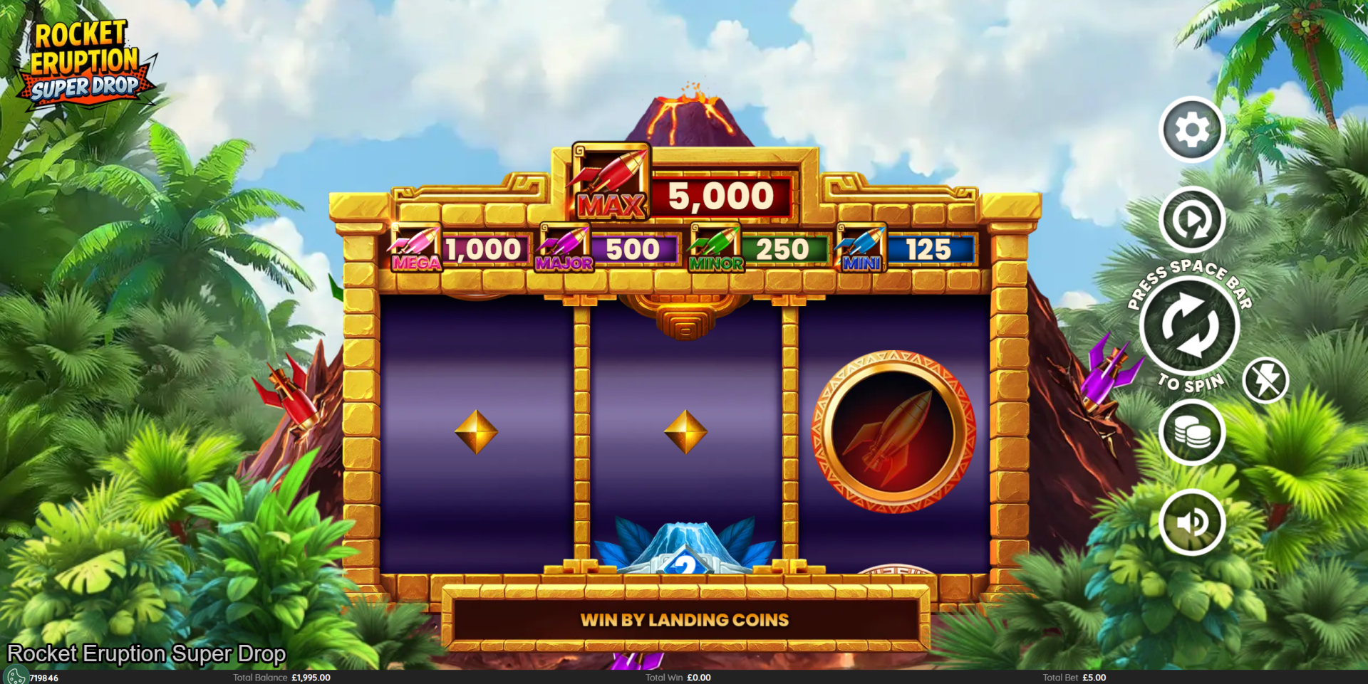 Rocket Eruption Super Drop base game showing 3x1 EZ-REEL grid with cash on reels
