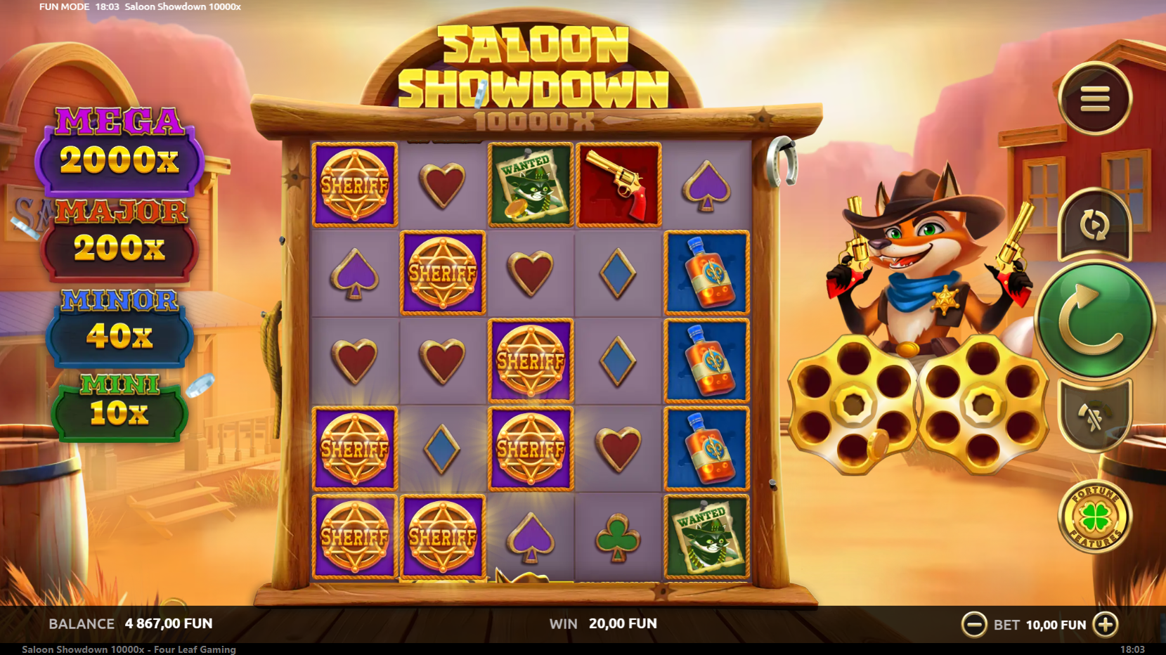 Saloon Showdown 10,000x base game screenshot showing 5x5 grid