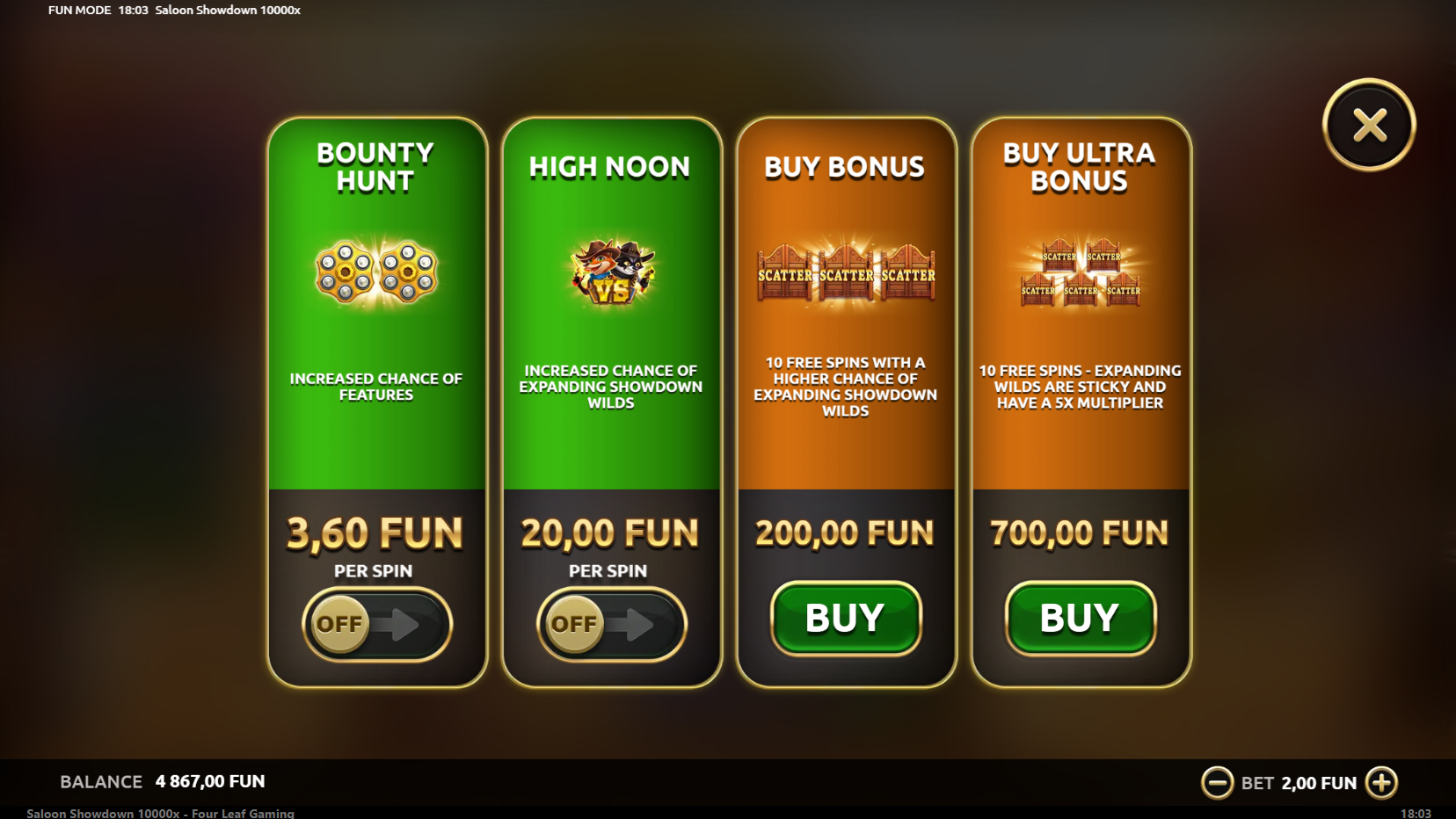 Saloon Showdown 10,000x Bonus Buy option screen