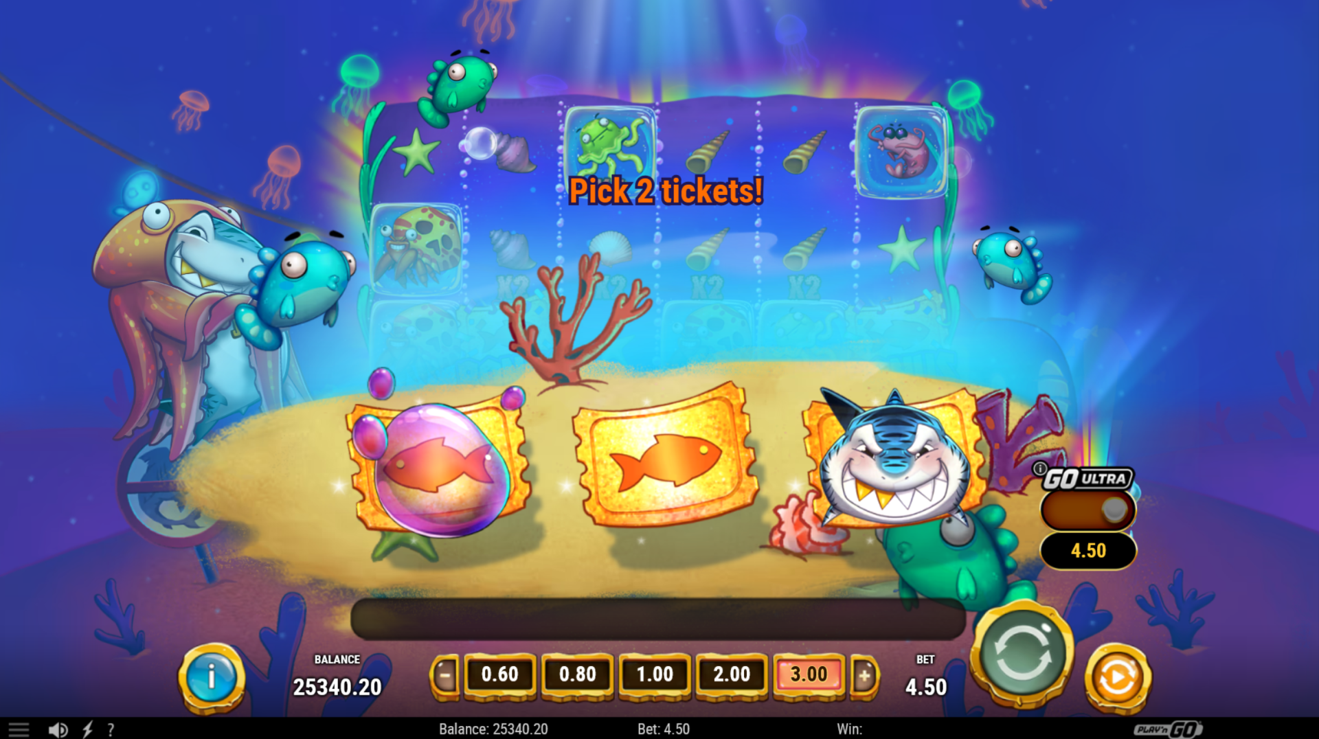 Shark Feast slot - Pick 2 tickets bonus feature screen