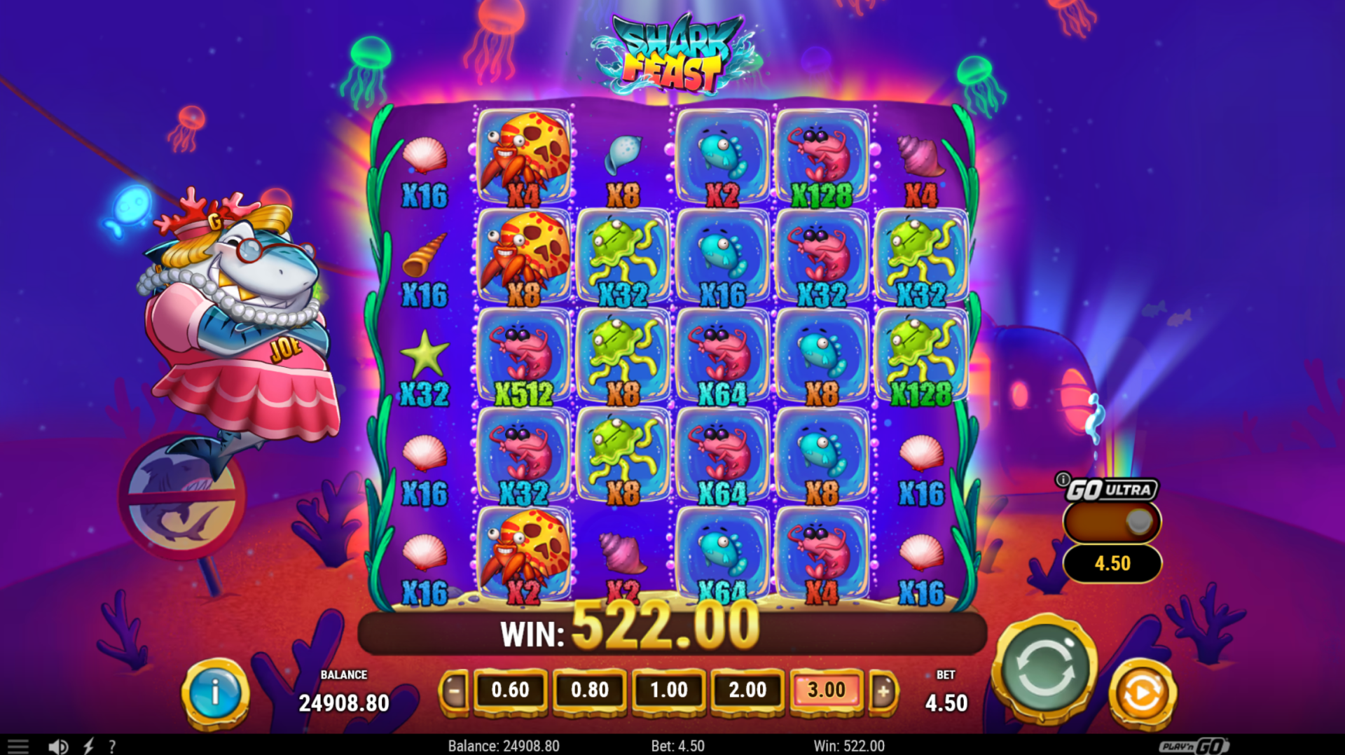 Shark Feast slot - bonus round showing multipliers up to 512x on symbols with a WIN of 522.00