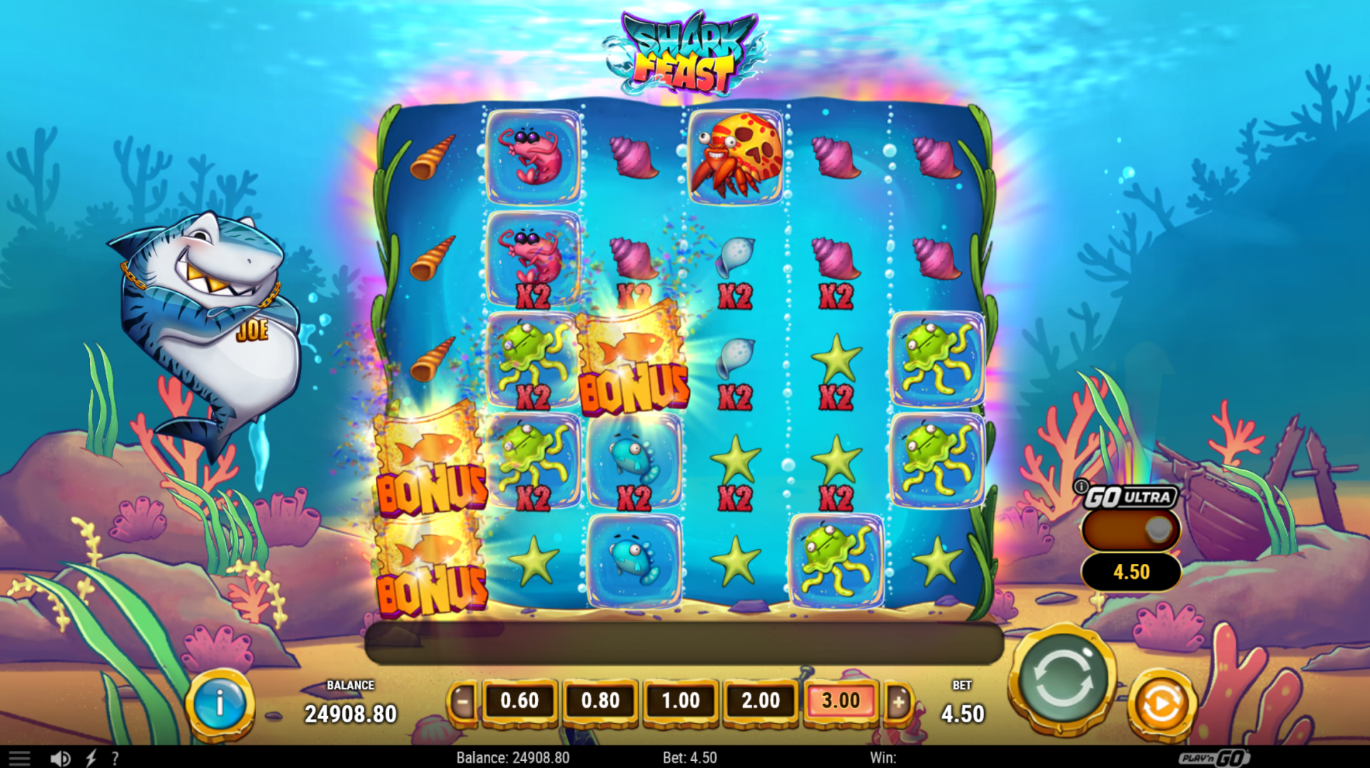 Shark Feast slot - BONUS symbols landing on the 6x6 scatter-pays grid