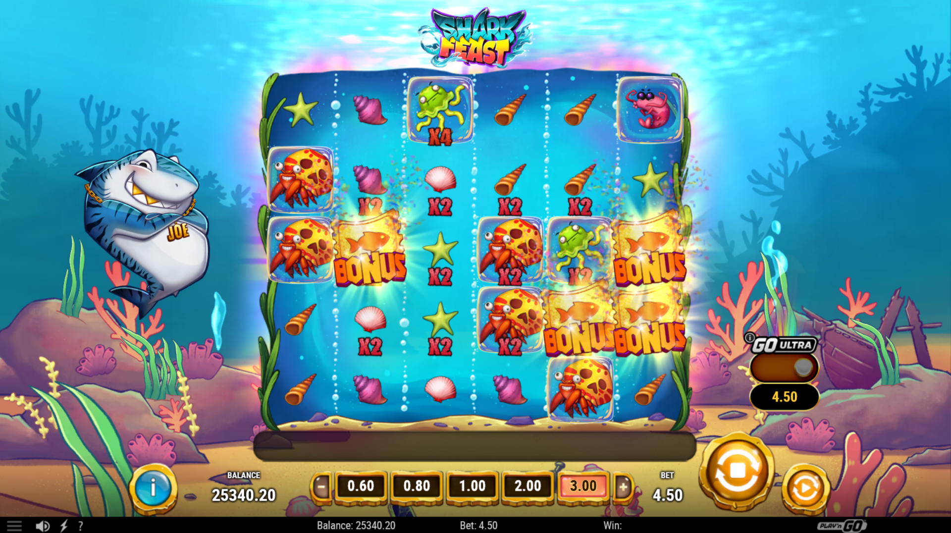 Shark Feast slot - Deep Sea Fiesta Bonus with BONUS symbols on the 6x6 grid