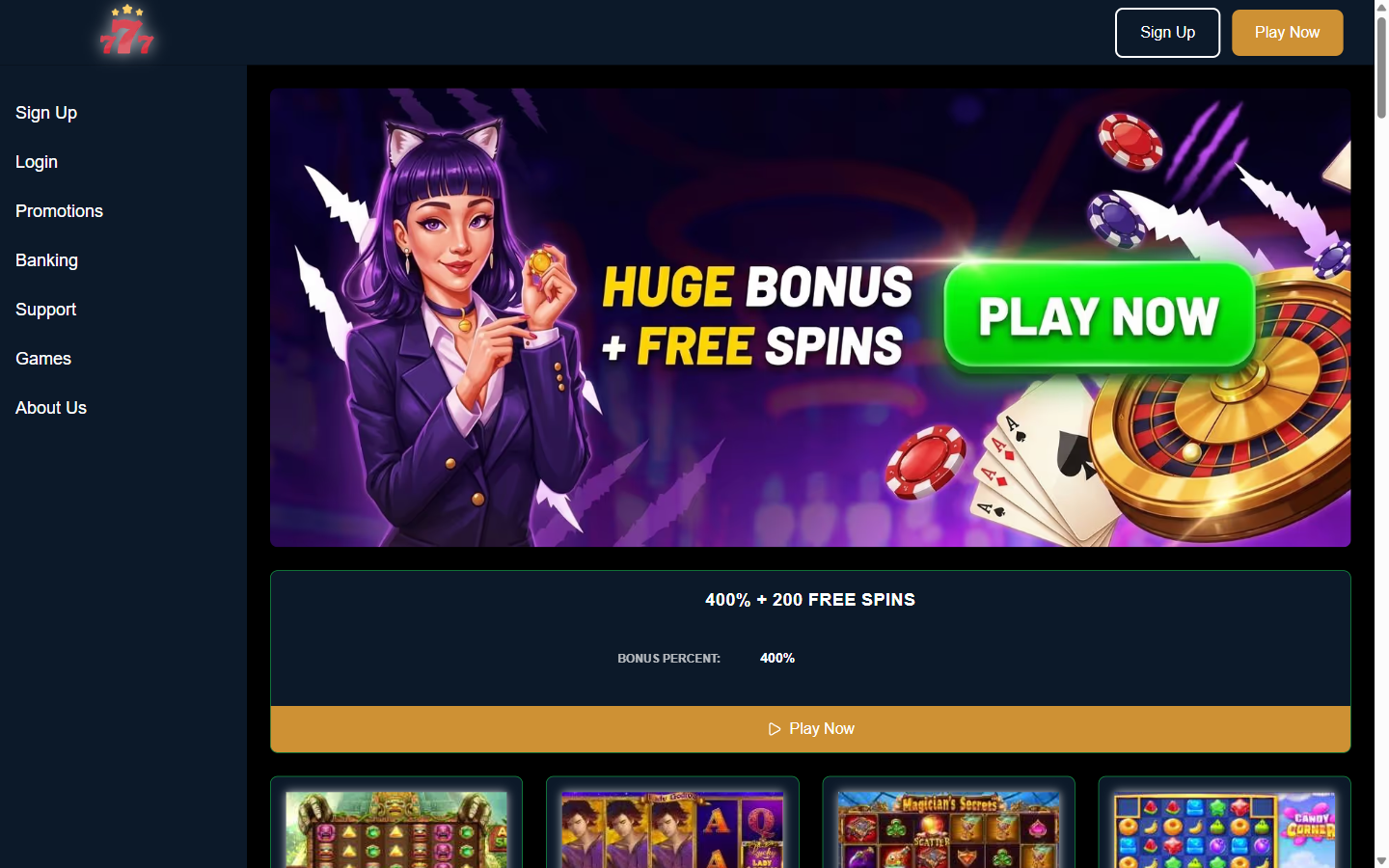 SpinLynx Casino homepage promotion banner advertising a huge 400% welcome bonus plus 200 free spins with a Play Now button