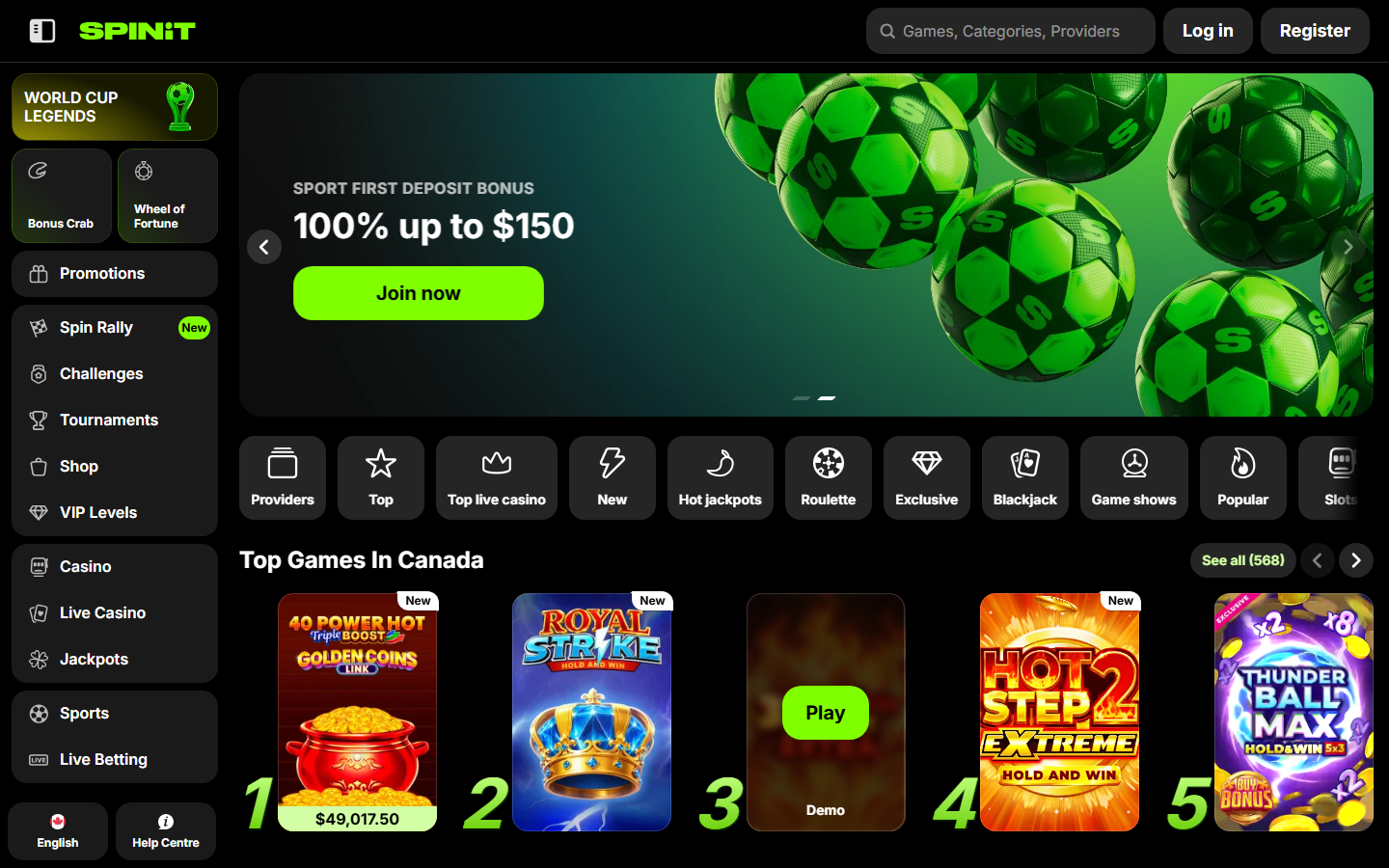 Spinit Casino homepage showing a 100% up to $150 sport first deposit bonus and a Top Games In Canada slot row